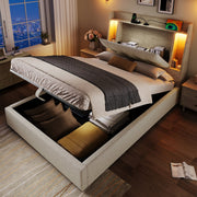 Upholstered Bed 90x200cm Storage LED USB/Type-C App Control - Linen Beige