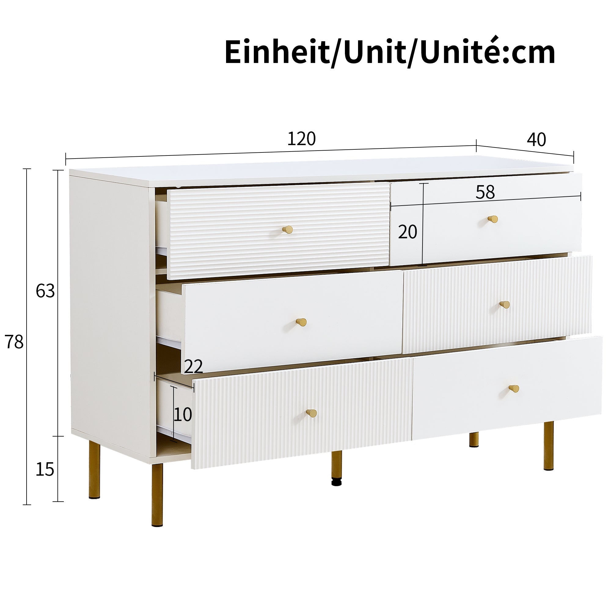 Chest of Drawers, 6-Drawer Storage with Steel Legs, White MDF