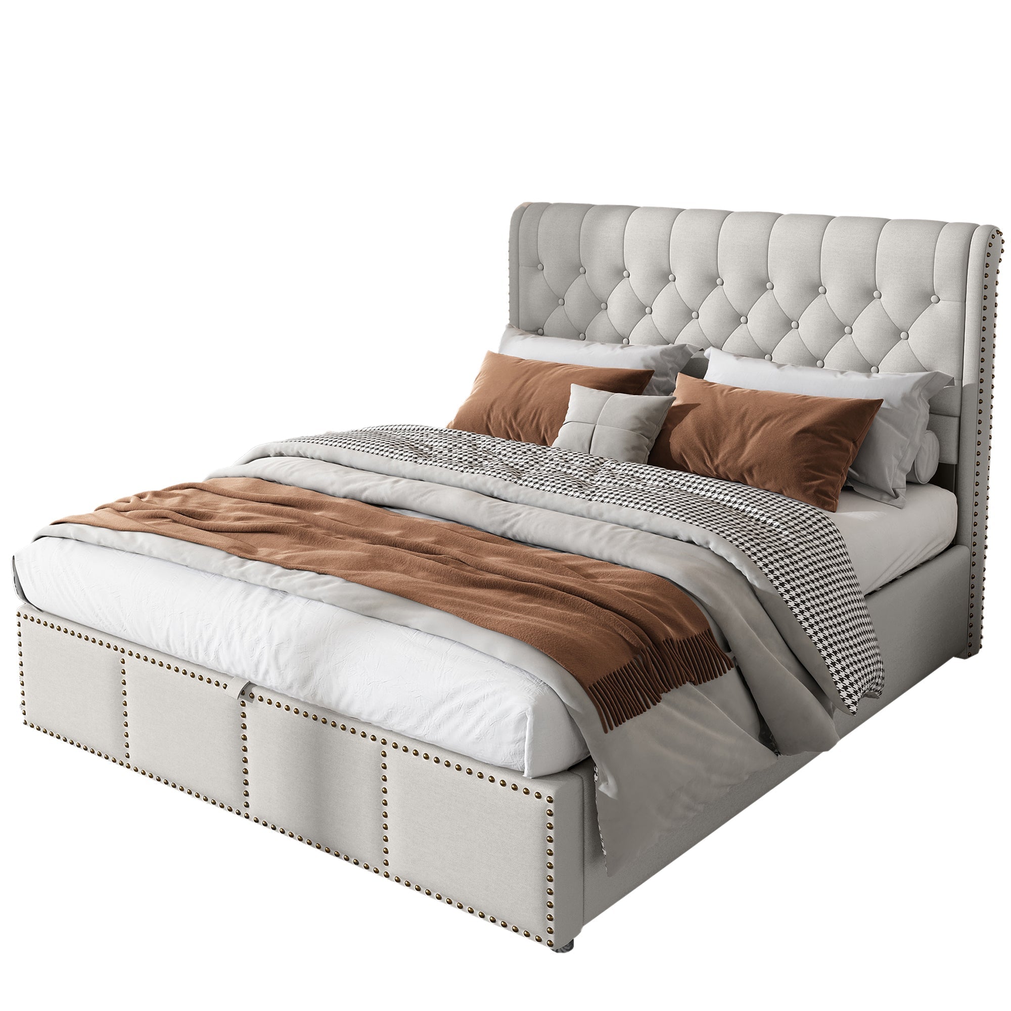 Upholstered Bed 160x200cm Hydraulic Storage Studded - Cotton-Linen Light Grey