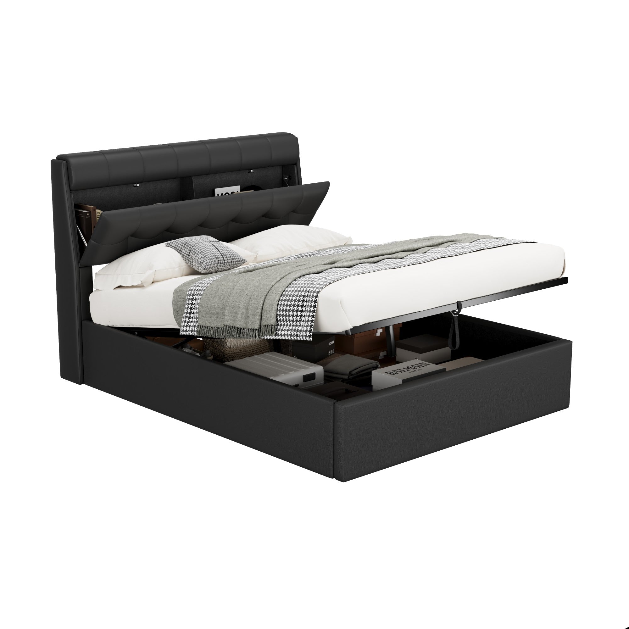 Upholstered Hydraulic Bed with Headboard and Ottoman Storage, 140x190cm, Black PU