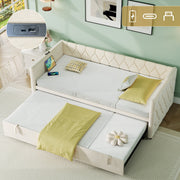 Upholstered Daybed Sofa Bed with Charging Station USB and Type-C Ports Pull Out Trundle Bed, Linen Beige