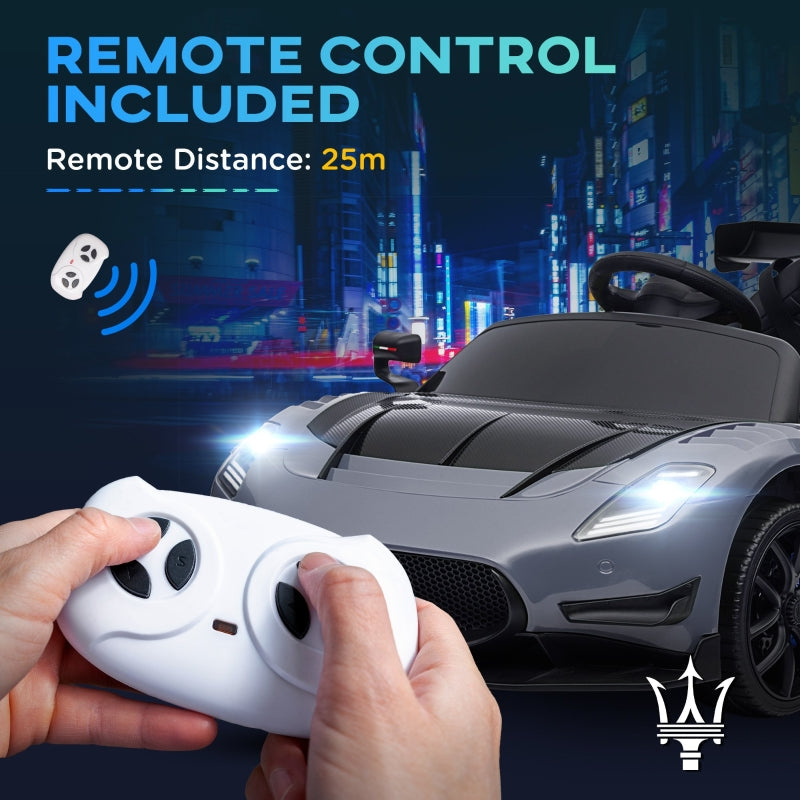 Maserati GT2 Licensed 12V Electric Ride On Car with Suspension Wheels, Remote Control, Music, Horn, Lights, Grey