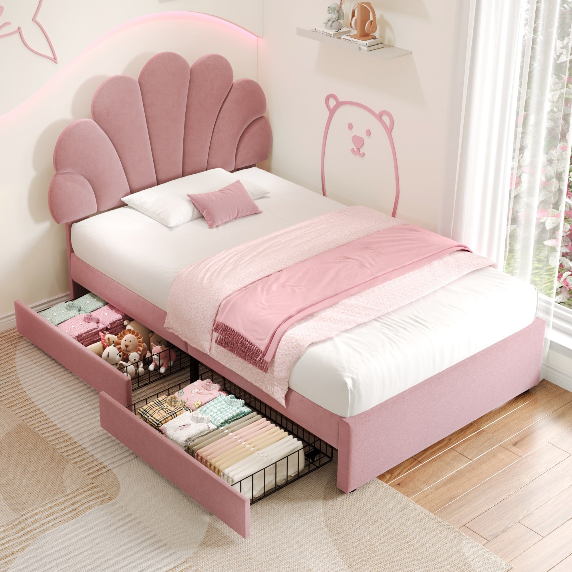Adjustable Chic Petal Headboard 3ft Single Upholstered Bed with 2 Storage Drawers, Pink Velvet