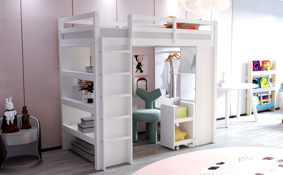 Children's Loft Bed, Multi-Level Shelves, Hangers, Storage, Removable Trolley, 90 x 200 cm, White