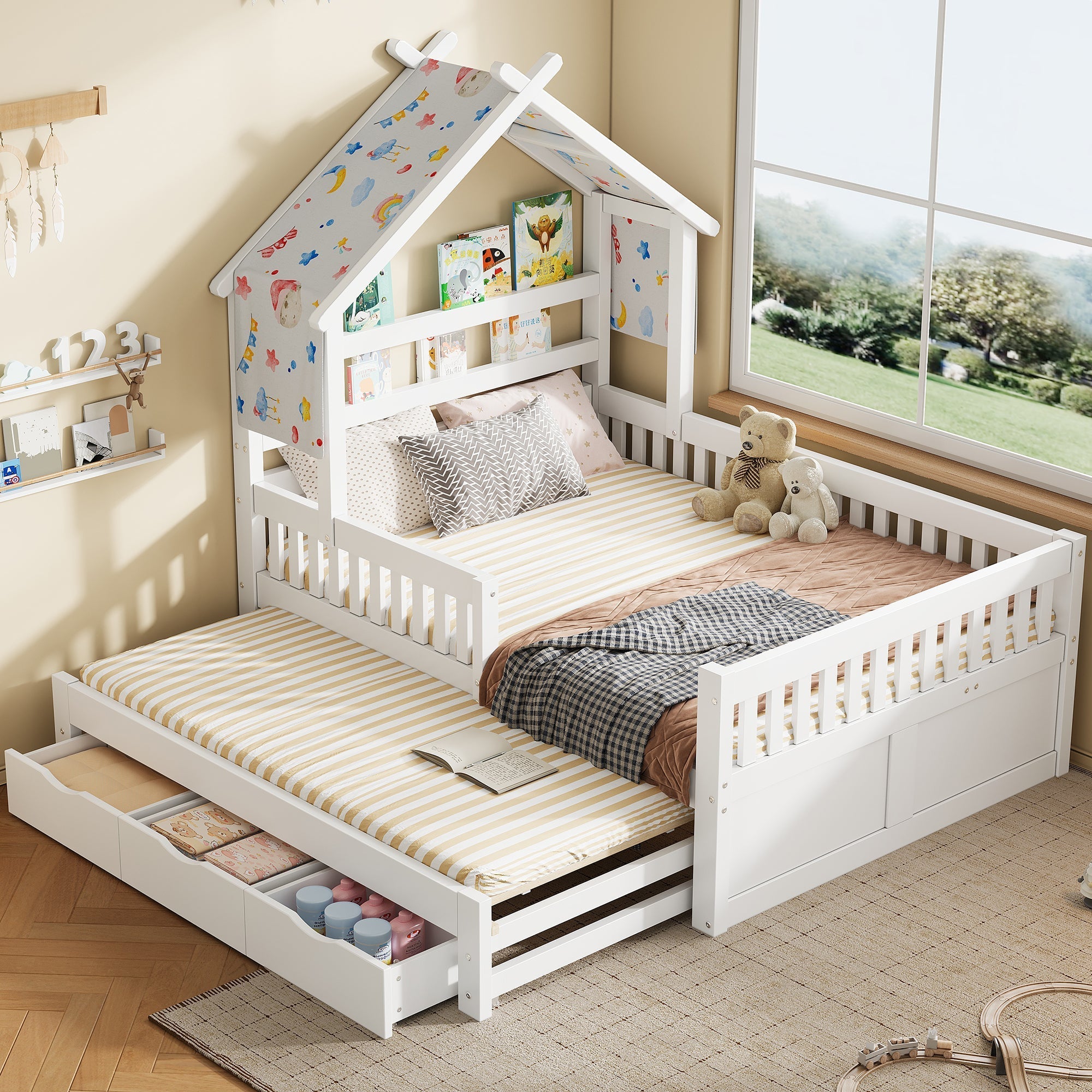 House-Shaped Platform Bed with Pull-out Bed, 3 Drawers and Safety Rails, 140x200cm, White Wood