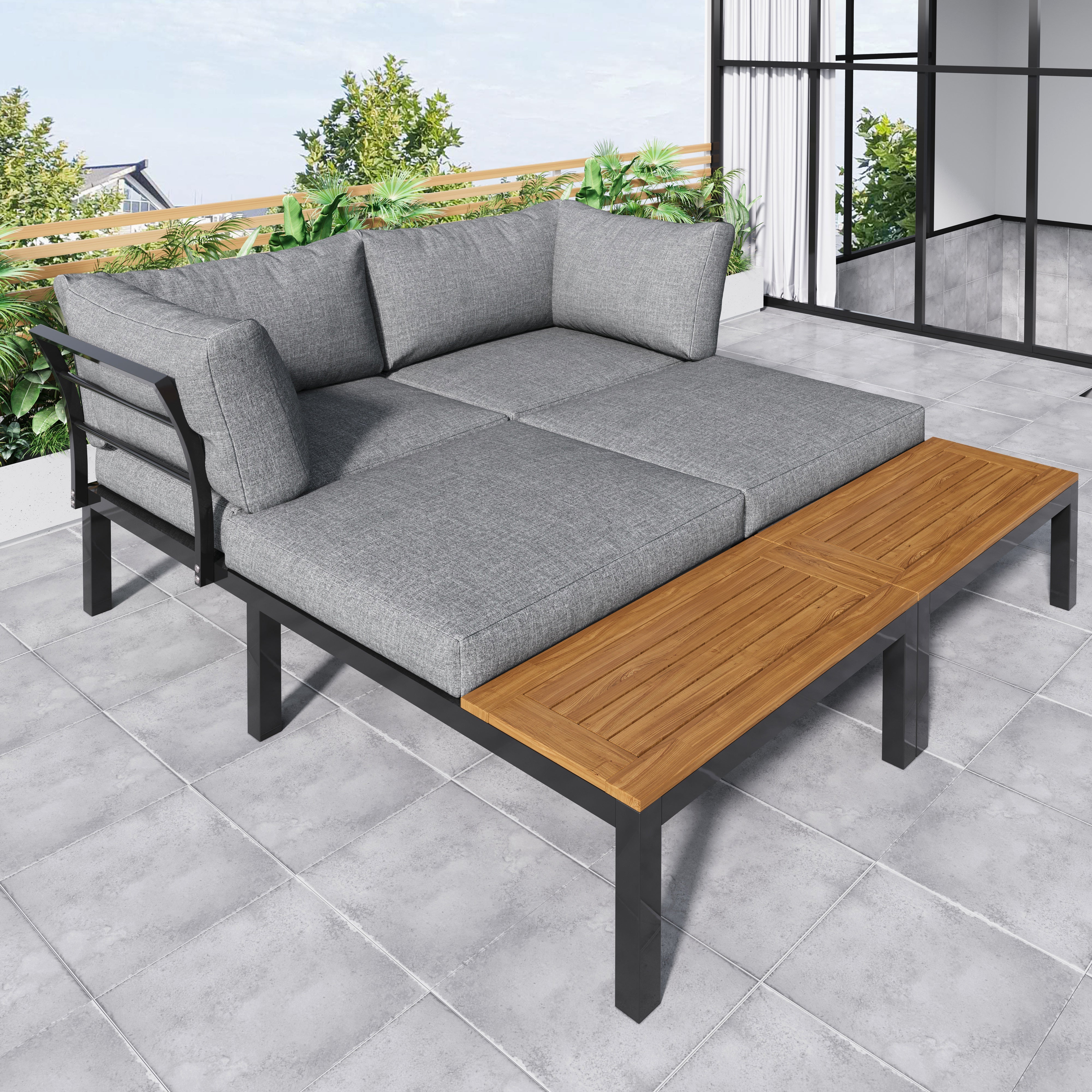 Outdoor Patio & Backyard Furniture Garden Lounge Set for 4, Space Saving L-Shaped Corner Sofa with Wooden Table, Grey