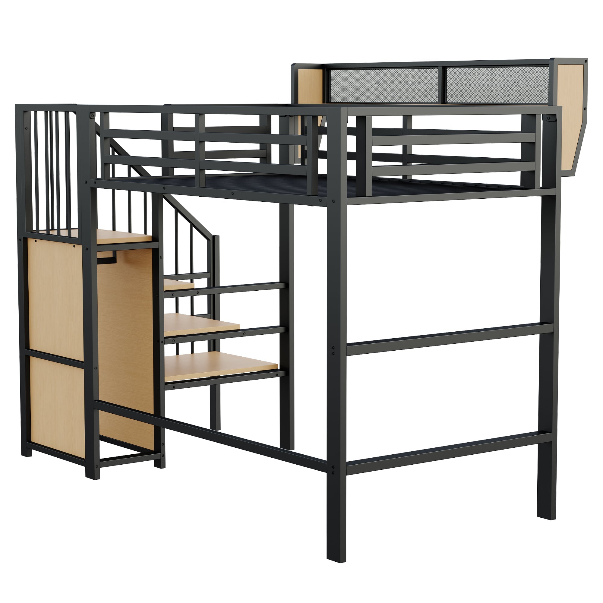 Loft Bed 90x200 with Safety Ladder Storage Bunk Metal, Black