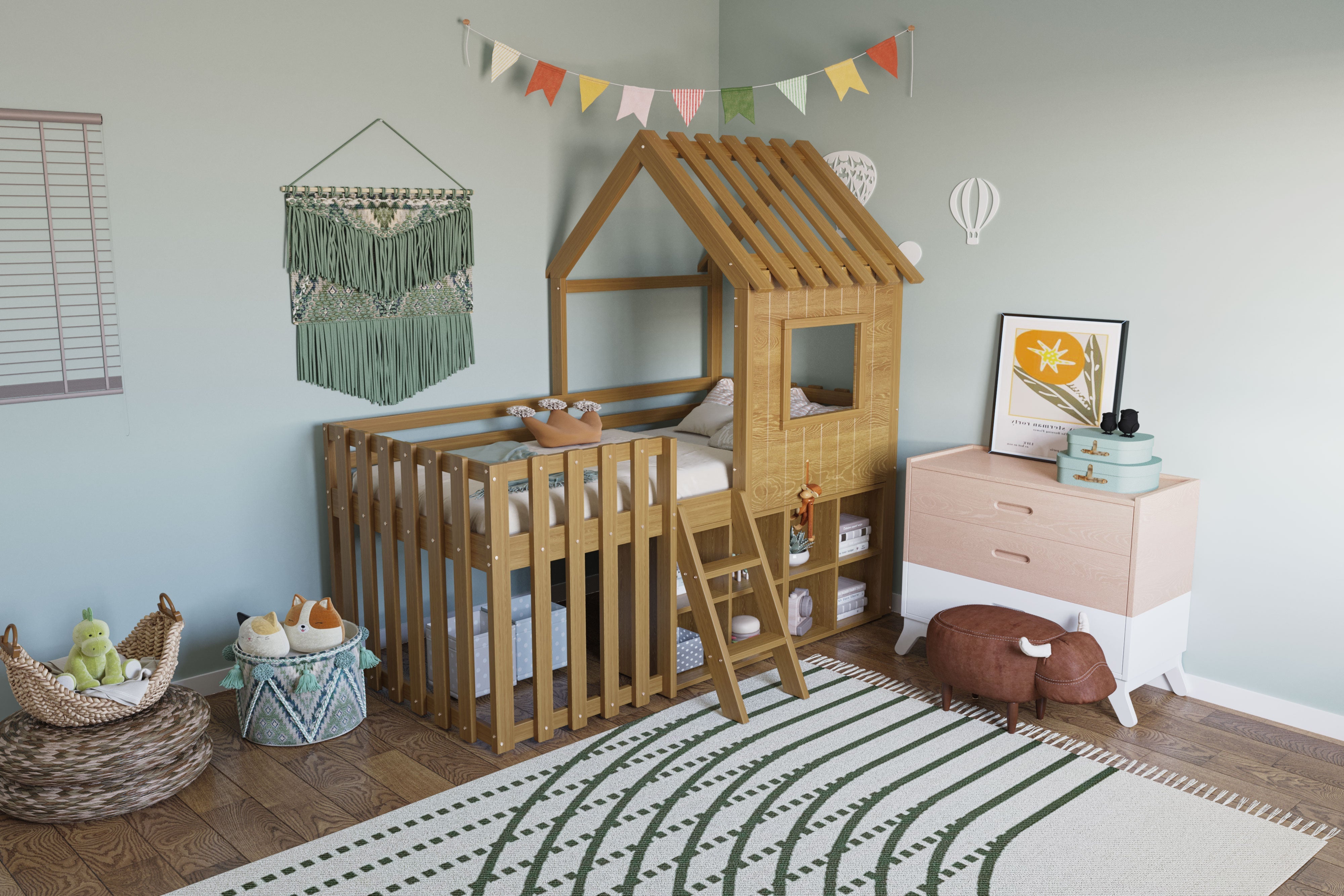 Children's House Bed 90x200 with Roof, Window, Storage & Ladder, Solid Wood