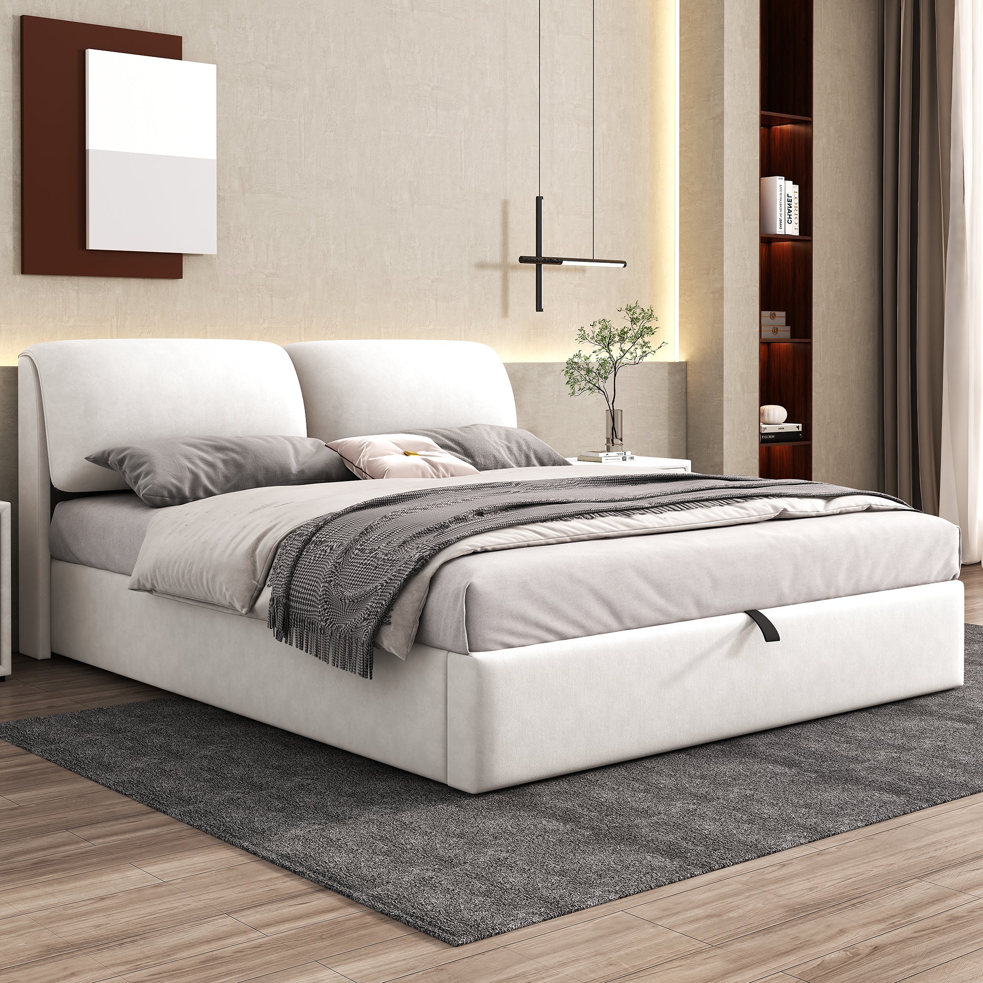 Upholstered Bed with Hydraulic Storage and 3 Drawers, 180x200cm, Beige Velvet