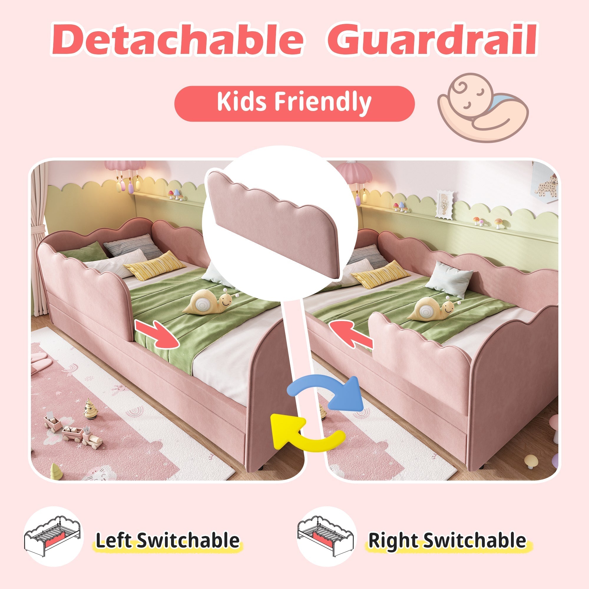 Upholstered Bed Daybed 90x190cm 3FT Single with Pull Out Trundle and Slatted Frame, Velvet Pink