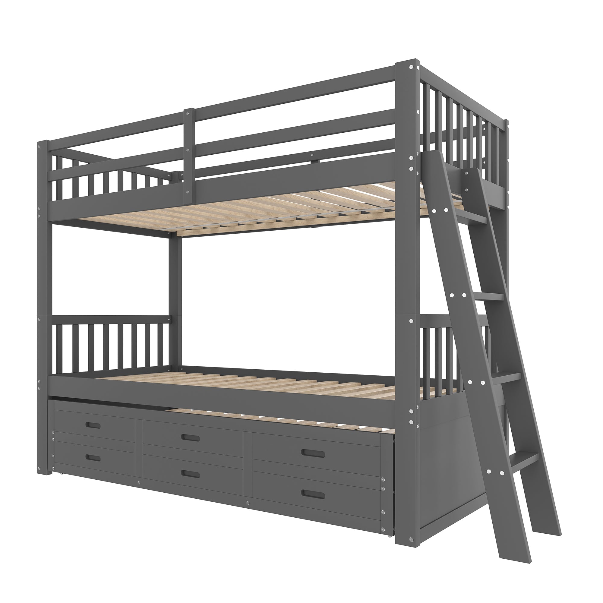 Bunk Bed House Bed 90x200cm Pull-out Bed Ladder and 3 Drawers Grey