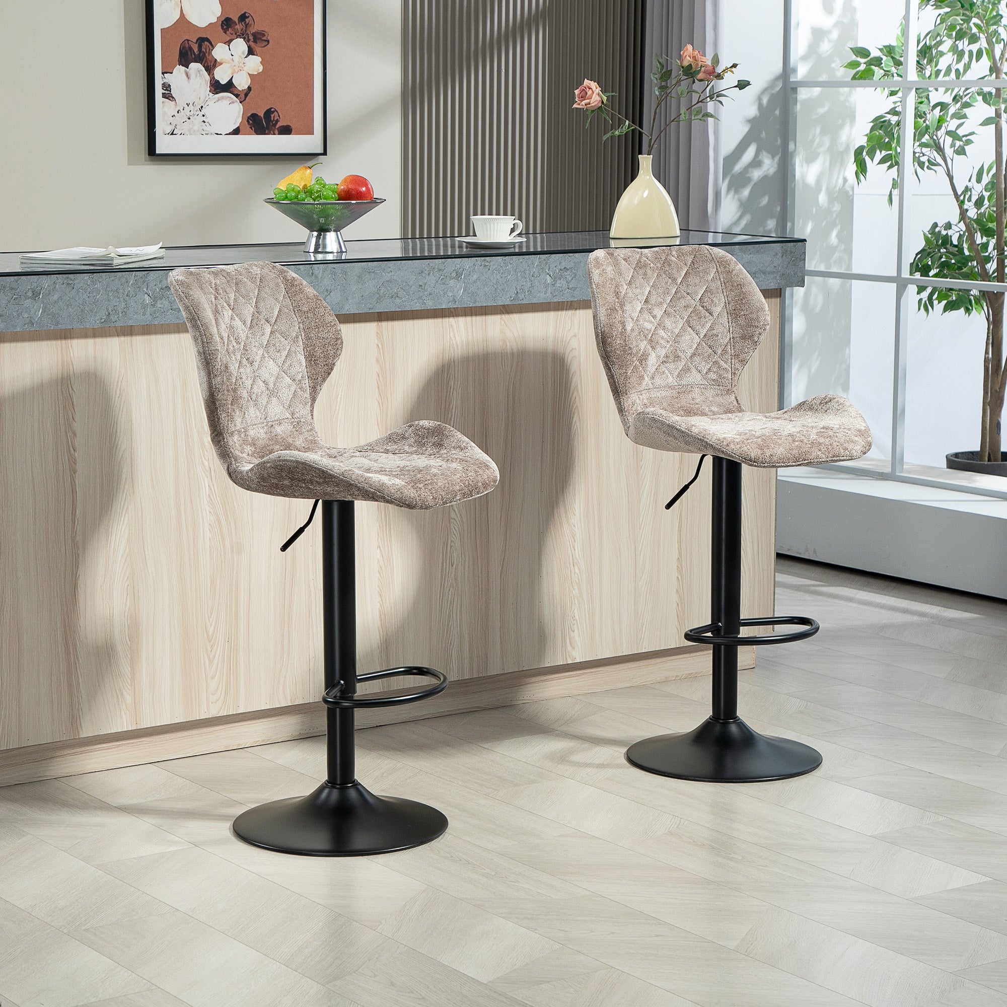 Bar Stool Set of 2, Upholstered with Backrest, Height-Adjustable, 360° Rotatable, Brown