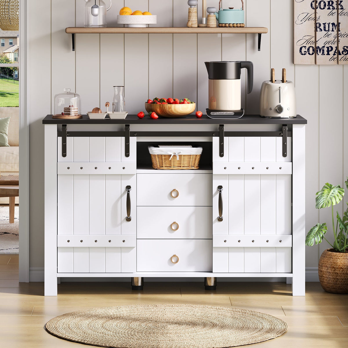 Sideboard Buffet 120cm Sliding Doors 3 Drawers - Rustic White