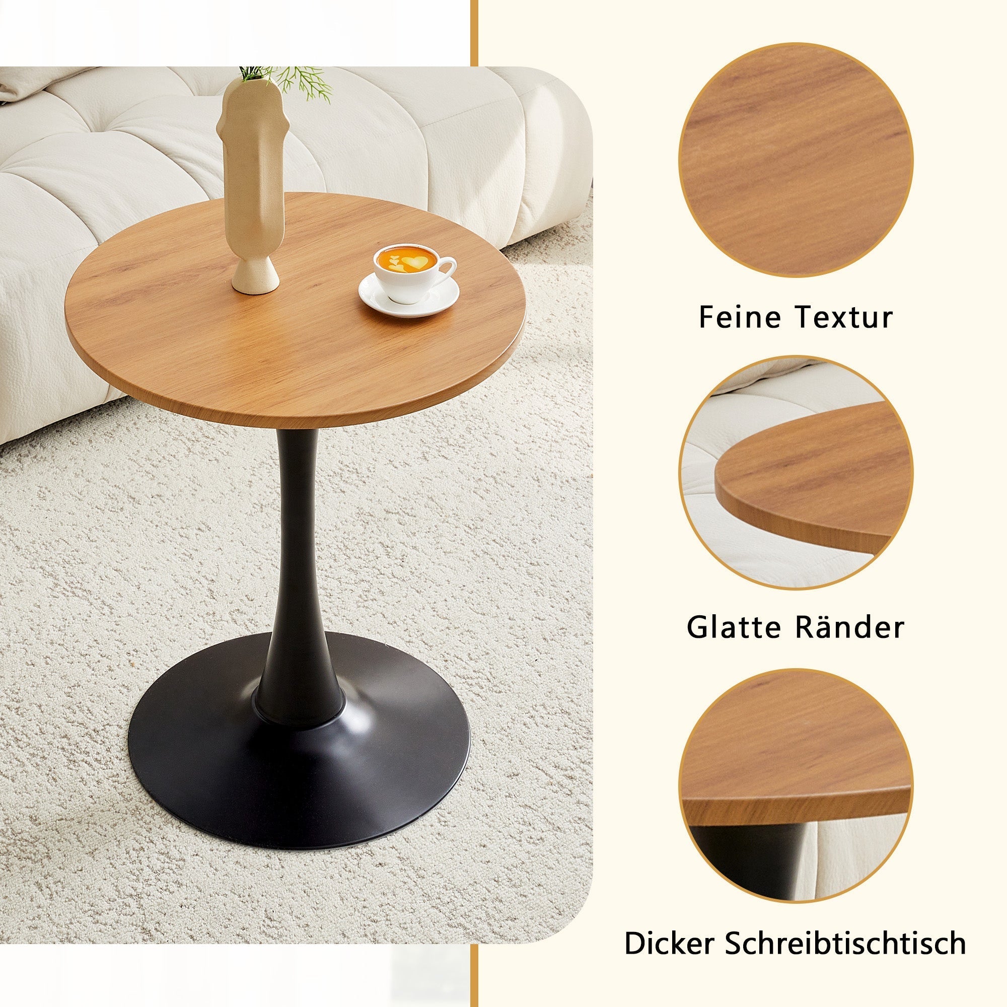 Round 60cm Side/Dining Table Wood Grain Top - Black Leg