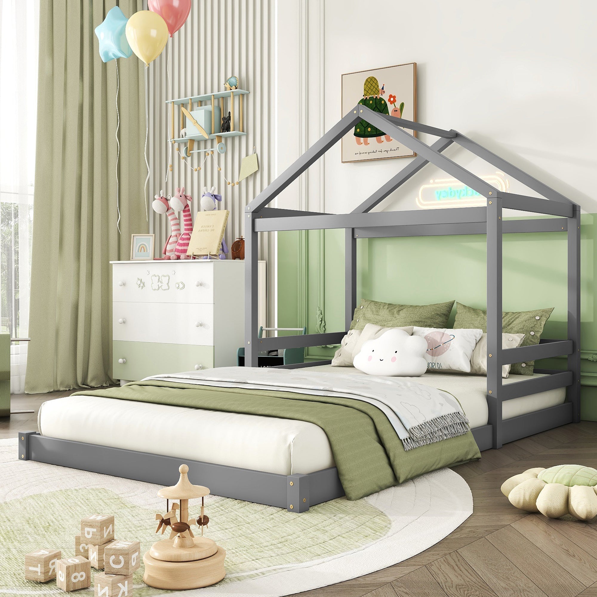 House Bed 140x200cm House Shape Slatted Base - Pine Wood Grey
