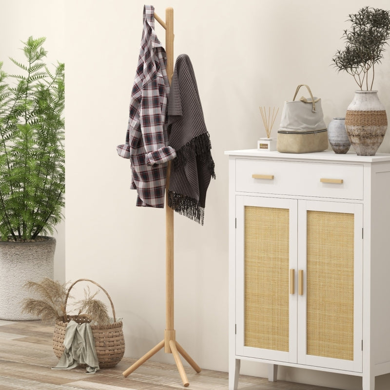 Eight-Hook Coat Rack Stand, Wooden - Natural