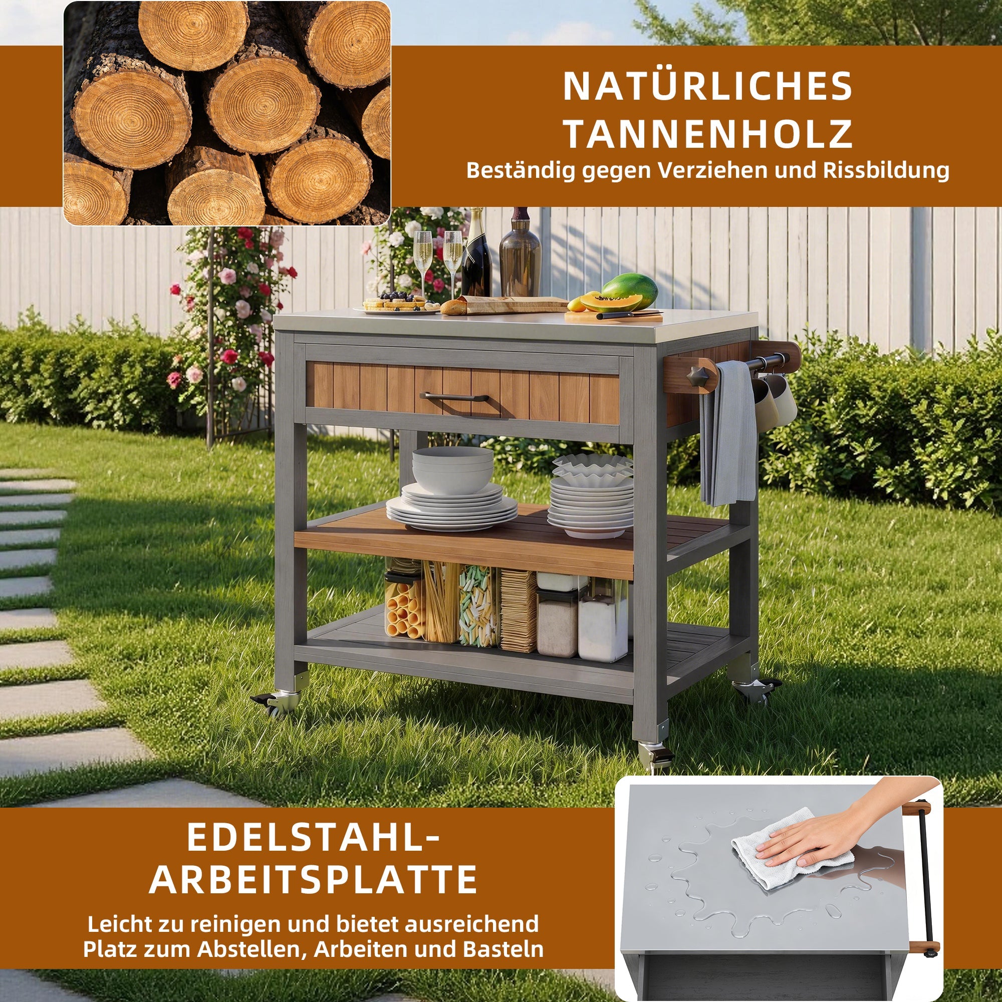 Garden Cabinet with Wheels, Drawer and Towel Rack, Stainless Steel Worktop