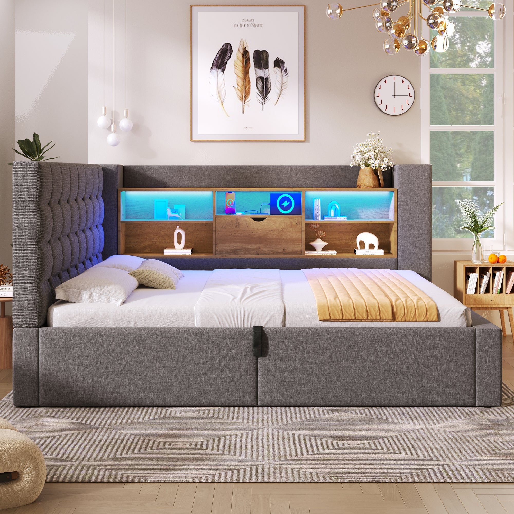 Upholstered Single Bed with LED, Hydraulic Storage and L-Shaped Headboard, 90x190cm, Grey Linen Fabric
