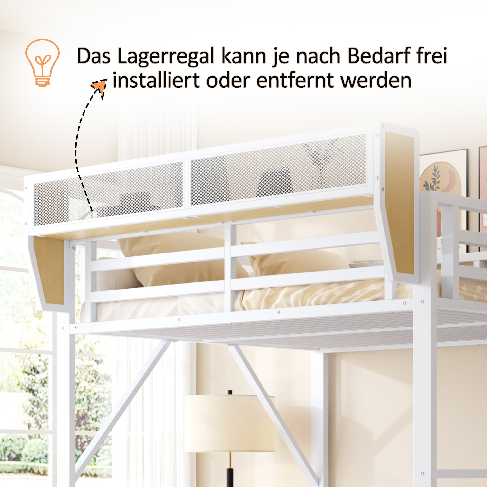 Metal Loft Bed with Desk, Shelf, Storage Net, LED and Socket, 140x200cm, White Metal