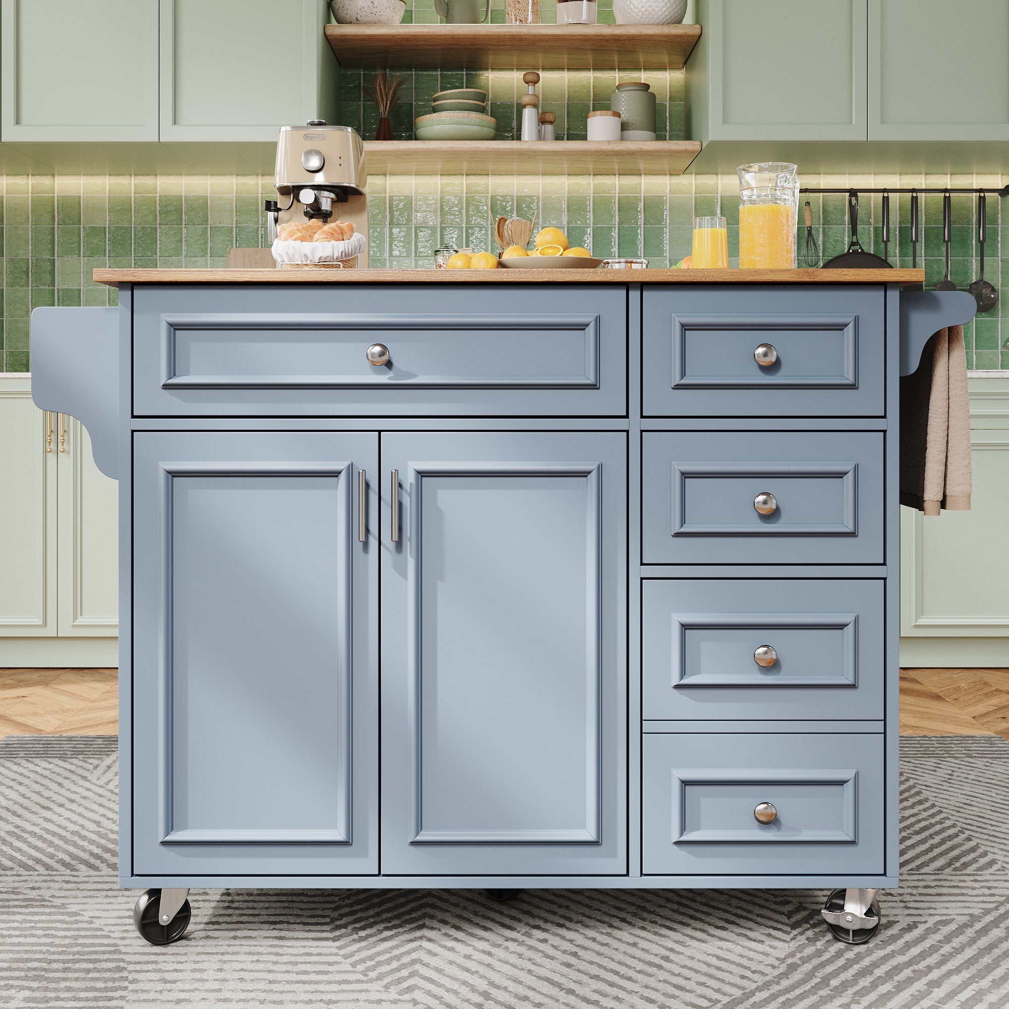 Kitchen Island 110cm Extendable Dining Table with Storage & Removable Trolley, Blue