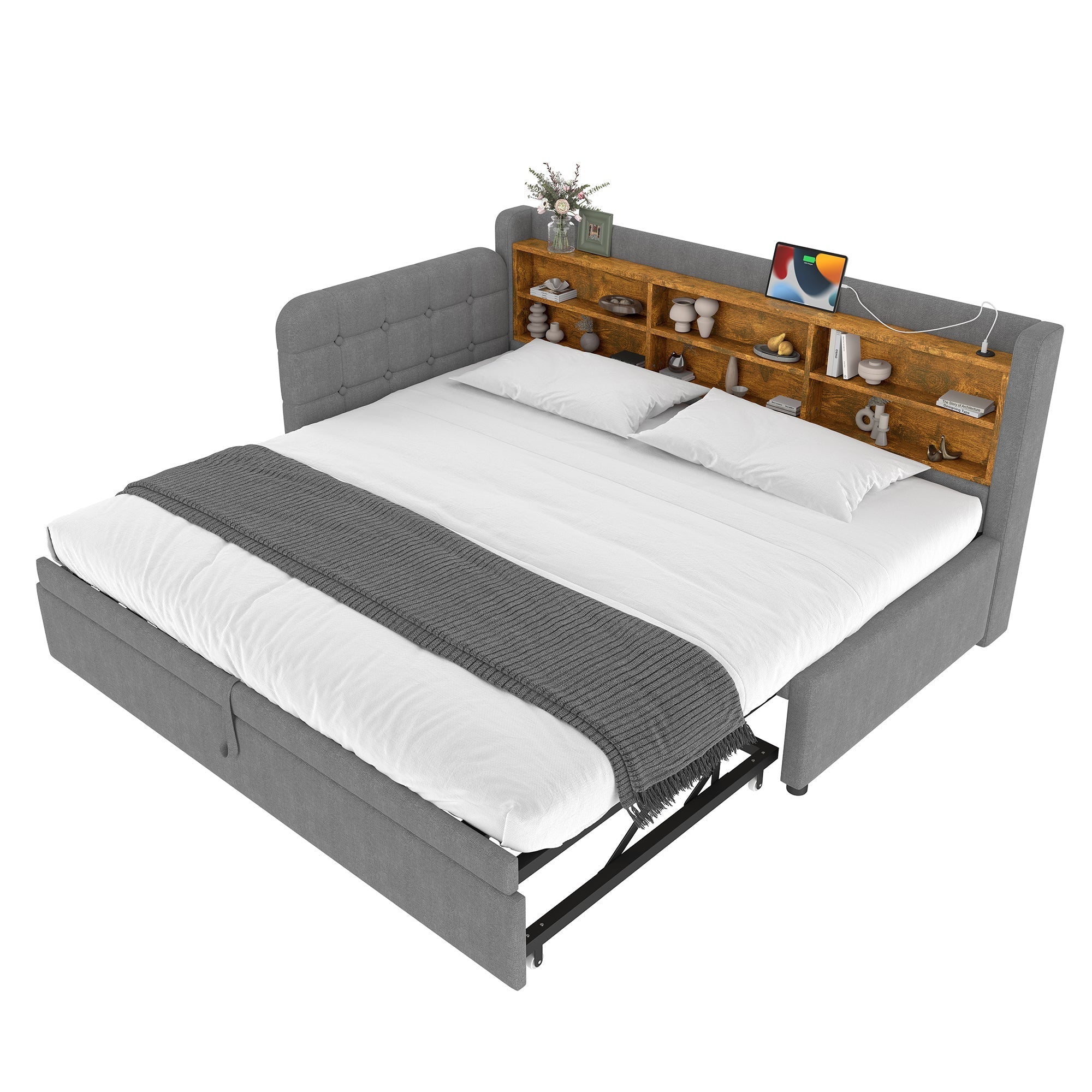 Daybed Sofa Bed 90x200cm Pull-out Storage USB/Type-C - Linen Grey