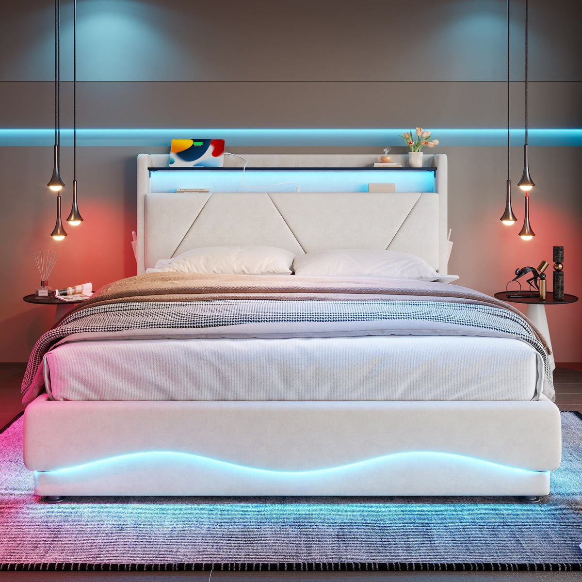 Upholstered Bed 160x200cm LED Headboard Storage USB Gas Lift
