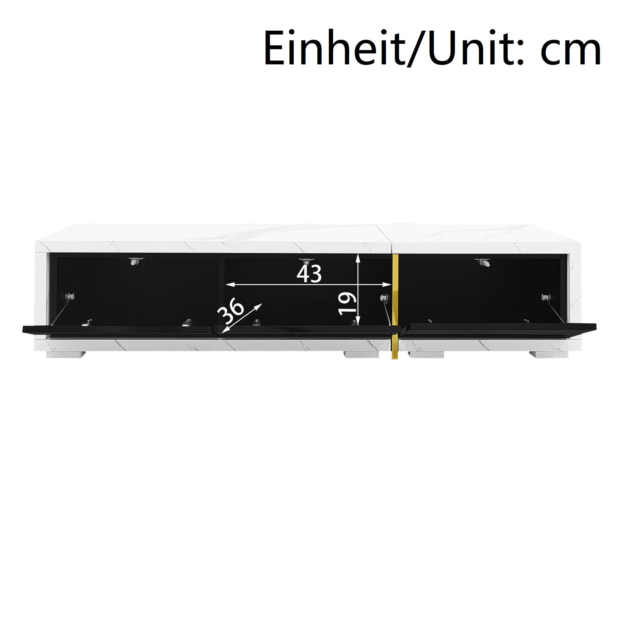 Modern TV Cabinet, Variable Length (140-260 cm) with Rotating Function, White Marble Look & Black High-Gloss Finish