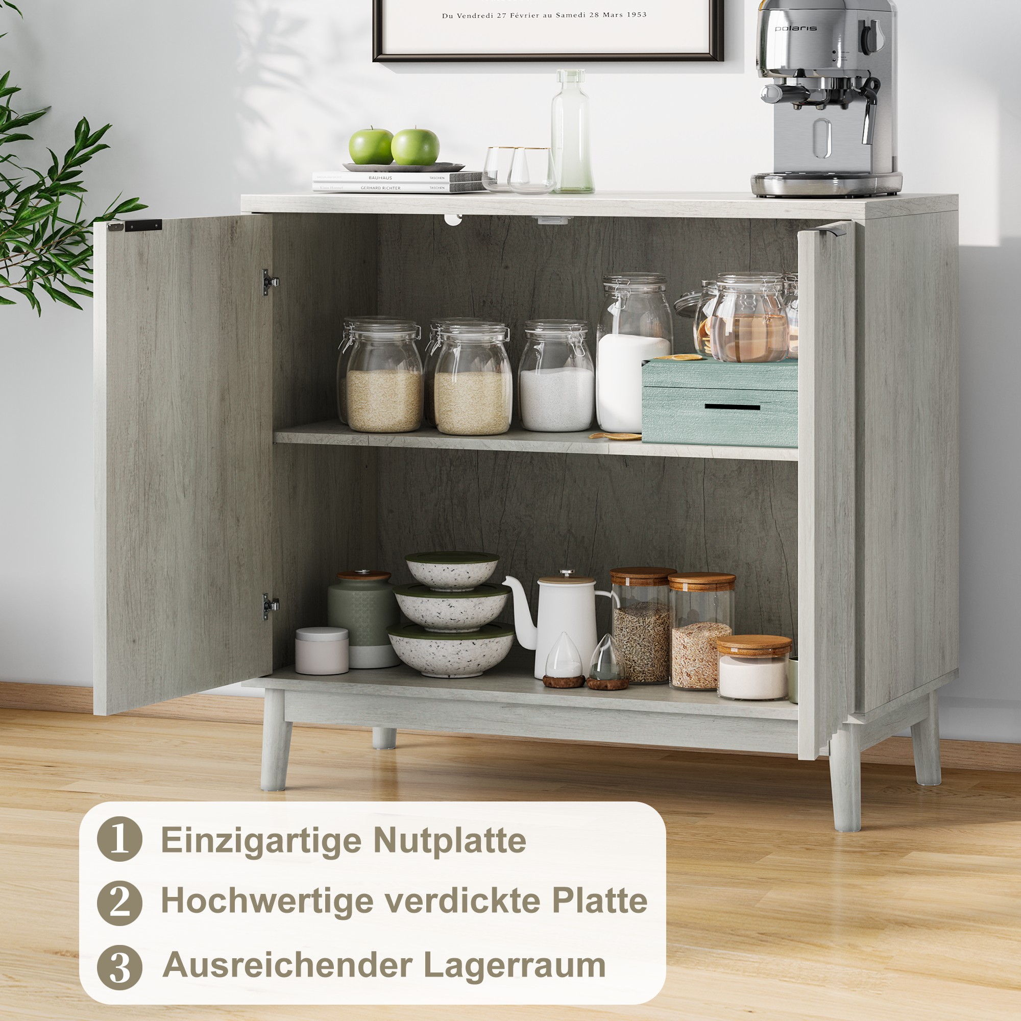 Grooved Edge Cabinet, Independent Wash Buffet with Adjustable Shelves, Wooden, Gray