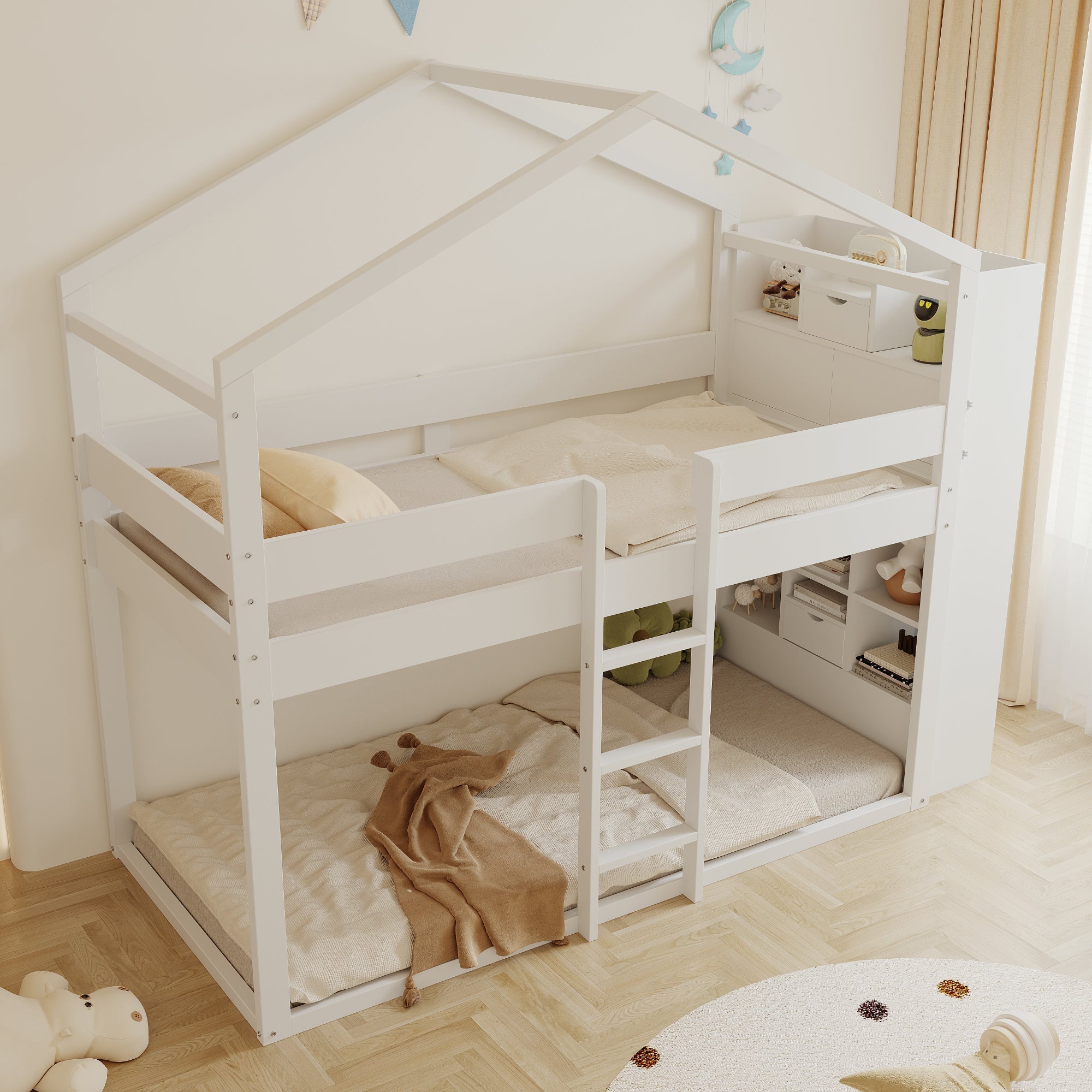 Bunk Bed 90x200cm with Storage Slatted Base Pine Wood White