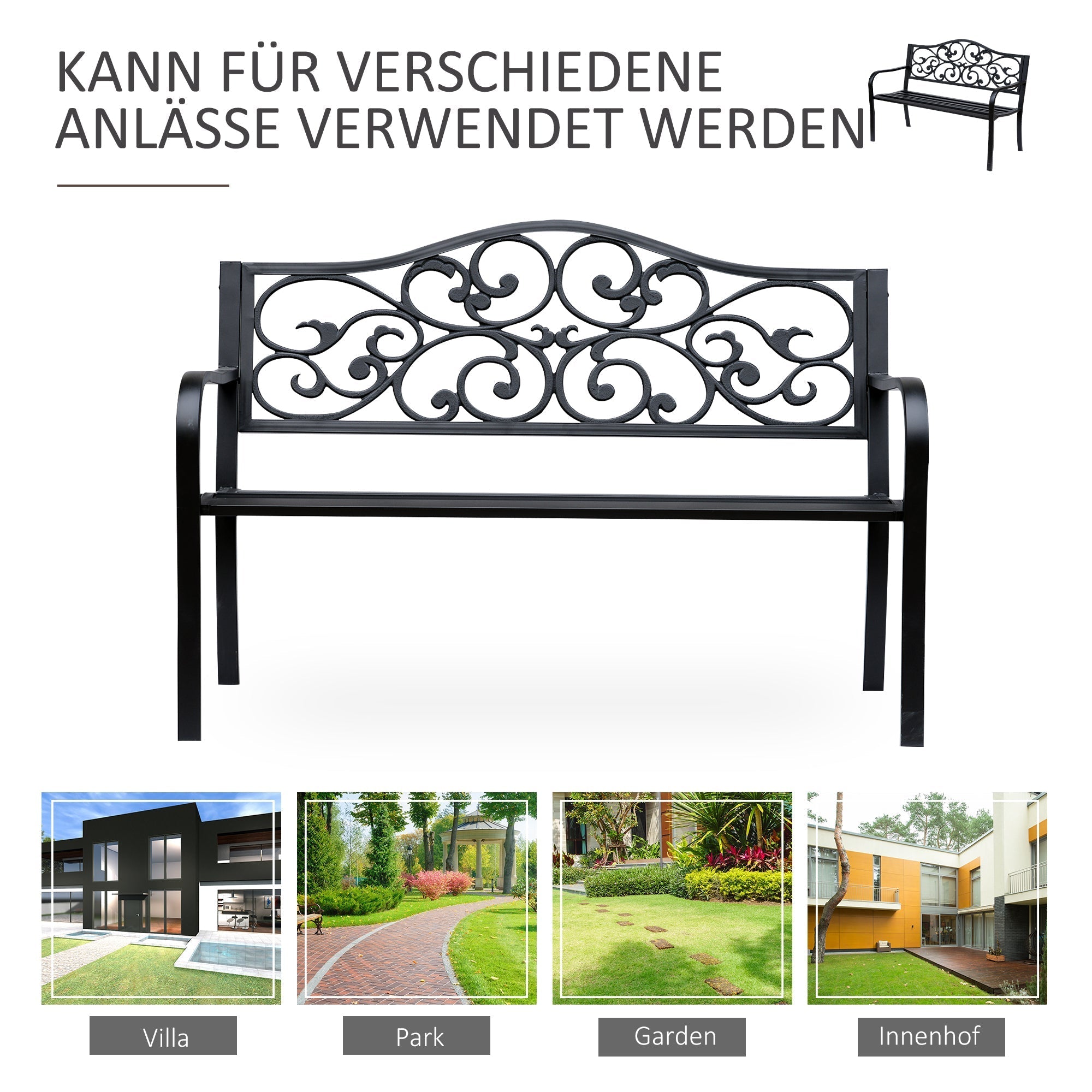 Garden Bench 3-Seater Steel with Cast Iron Armrests, Black