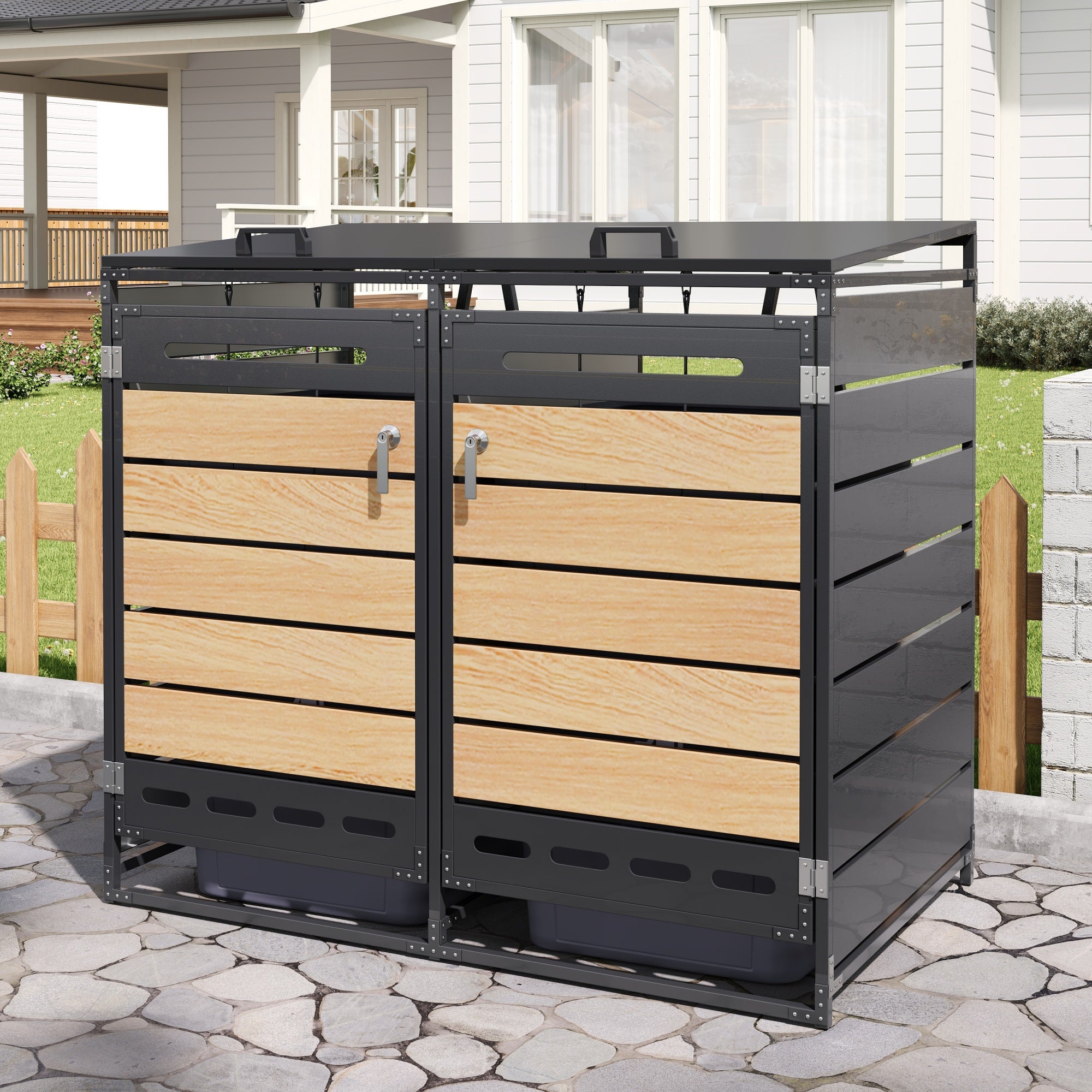Bin Storage Unit with Hydraulic Lid and Slotted Ventilation, Iron with Wood-Look Cladding