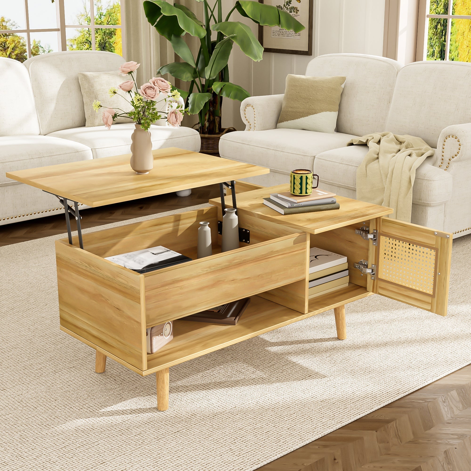 Coffee Table Lift-Up Top Rattan Doors Storage Wood/Black