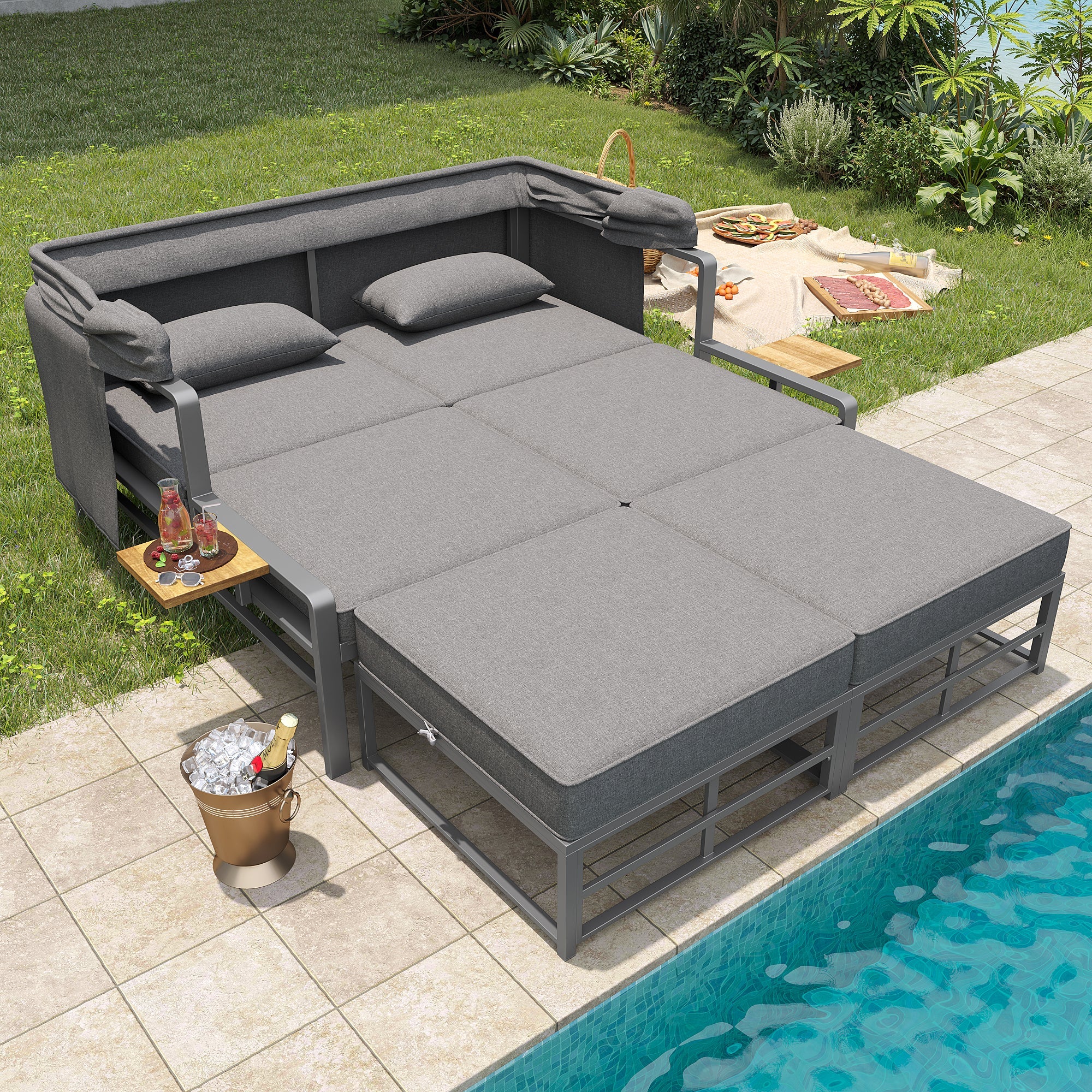 Garden Lounge Set Sun Lounger 2-4 Person with Foldable Sunshade