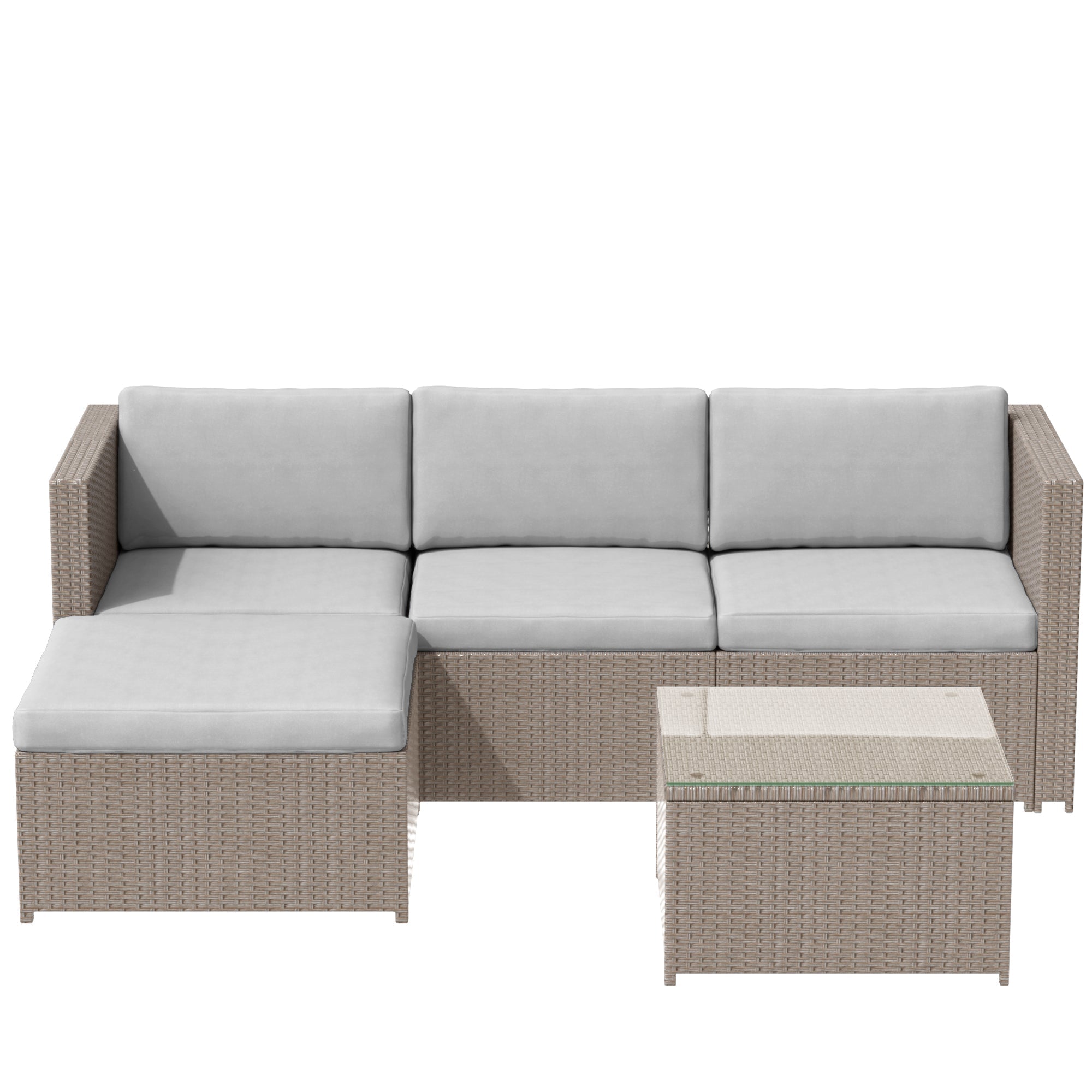 Polyrattan Lounge Sofa Set with Cushions and Glass Top Table, Khaki