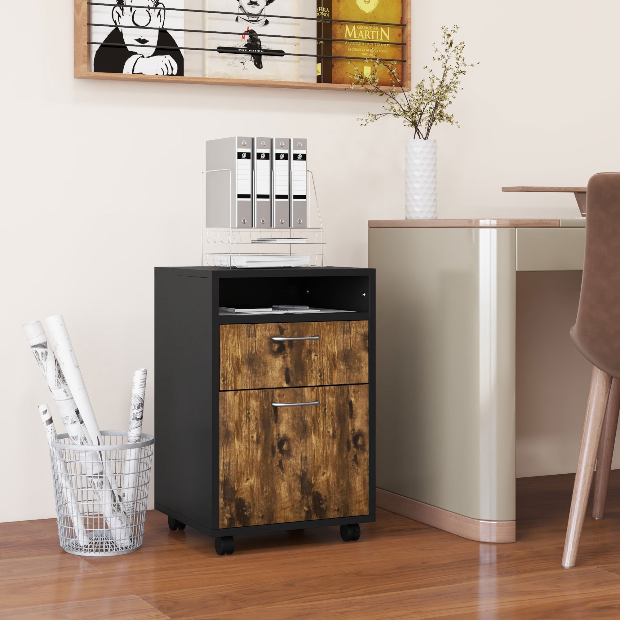 Filing Cabinet 60cm Drawer Open Shelf Mobile Wheels Rustic Brown
