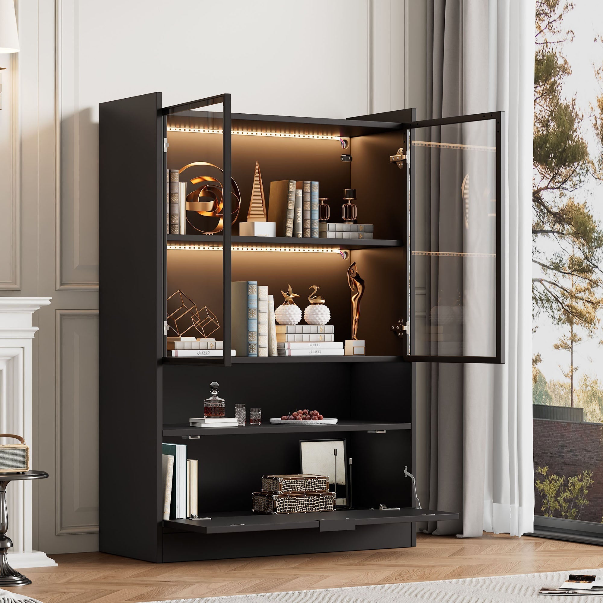 Modern LED Display Cabinet 120cm High 16-Color Lighting Glass Doors, Matte Black Chipboard