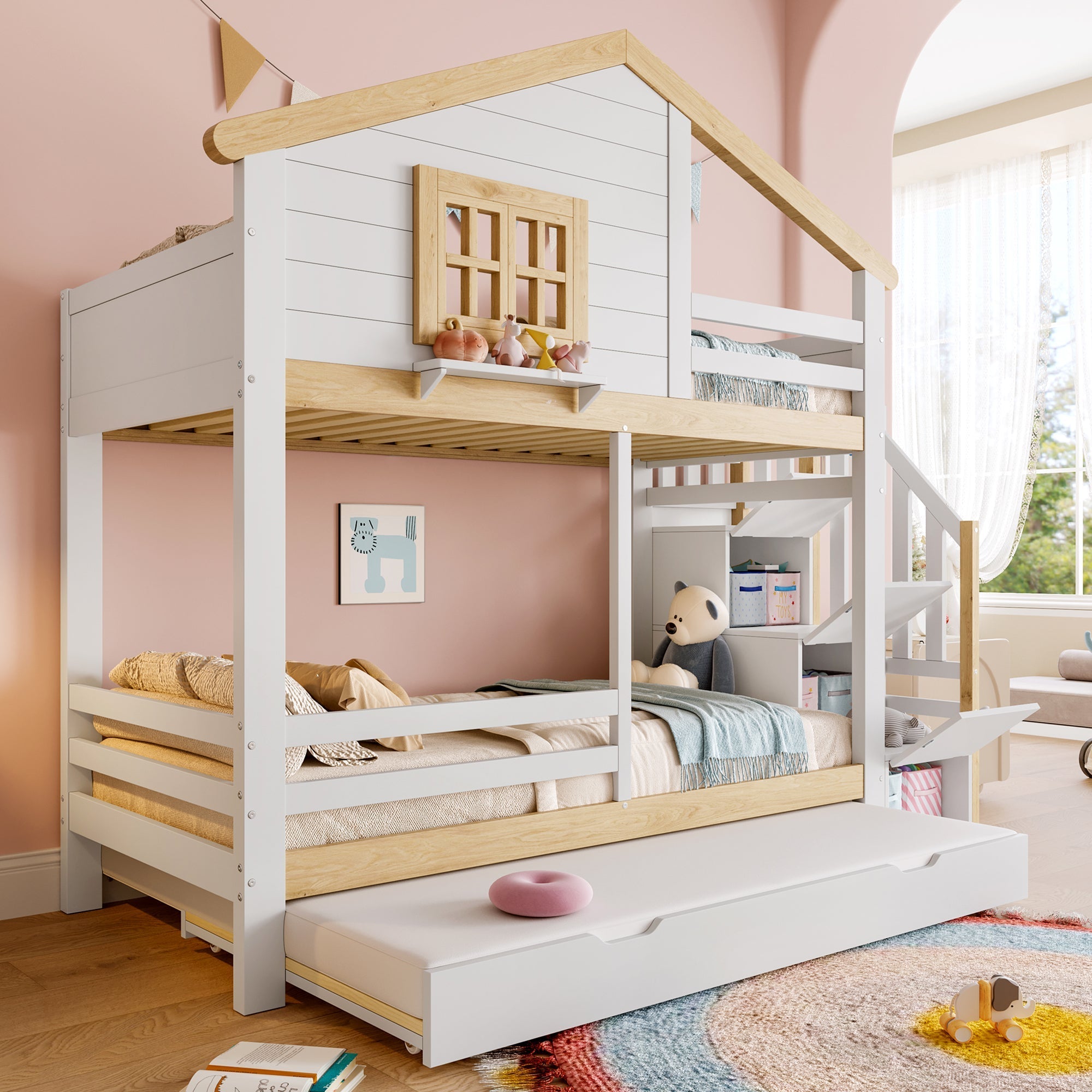 Bunk Bed with Pull-out Bed, Storage Ladder and House Frame, White and Natural