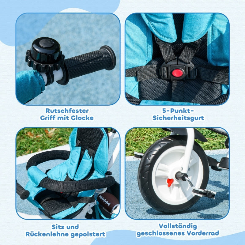 6-in-1 Tricycle with Push Bar, Sun Canopy, Safety Harness, Basket, Cup Holder, Blue
