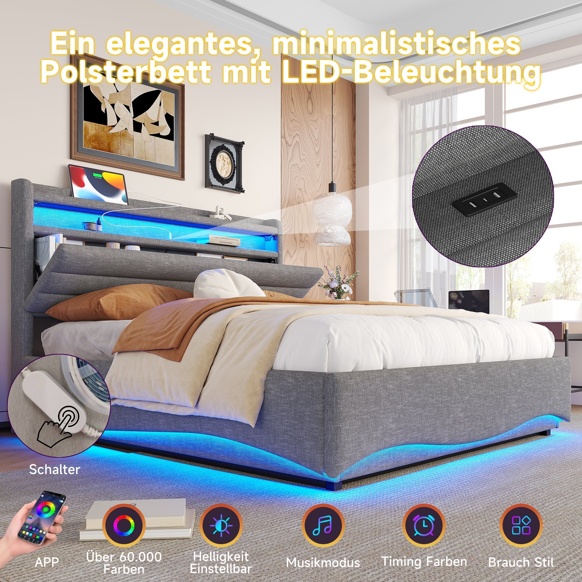 Upholstered Bed with LED Lighting, Hydraulic Storage and USB Ports, Grey Linen Fabric