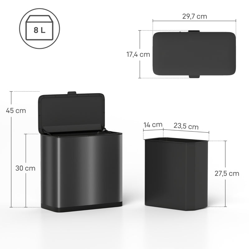 Waste Bin 8L Freestanding Wall-Mounted - Stainless Steel Black