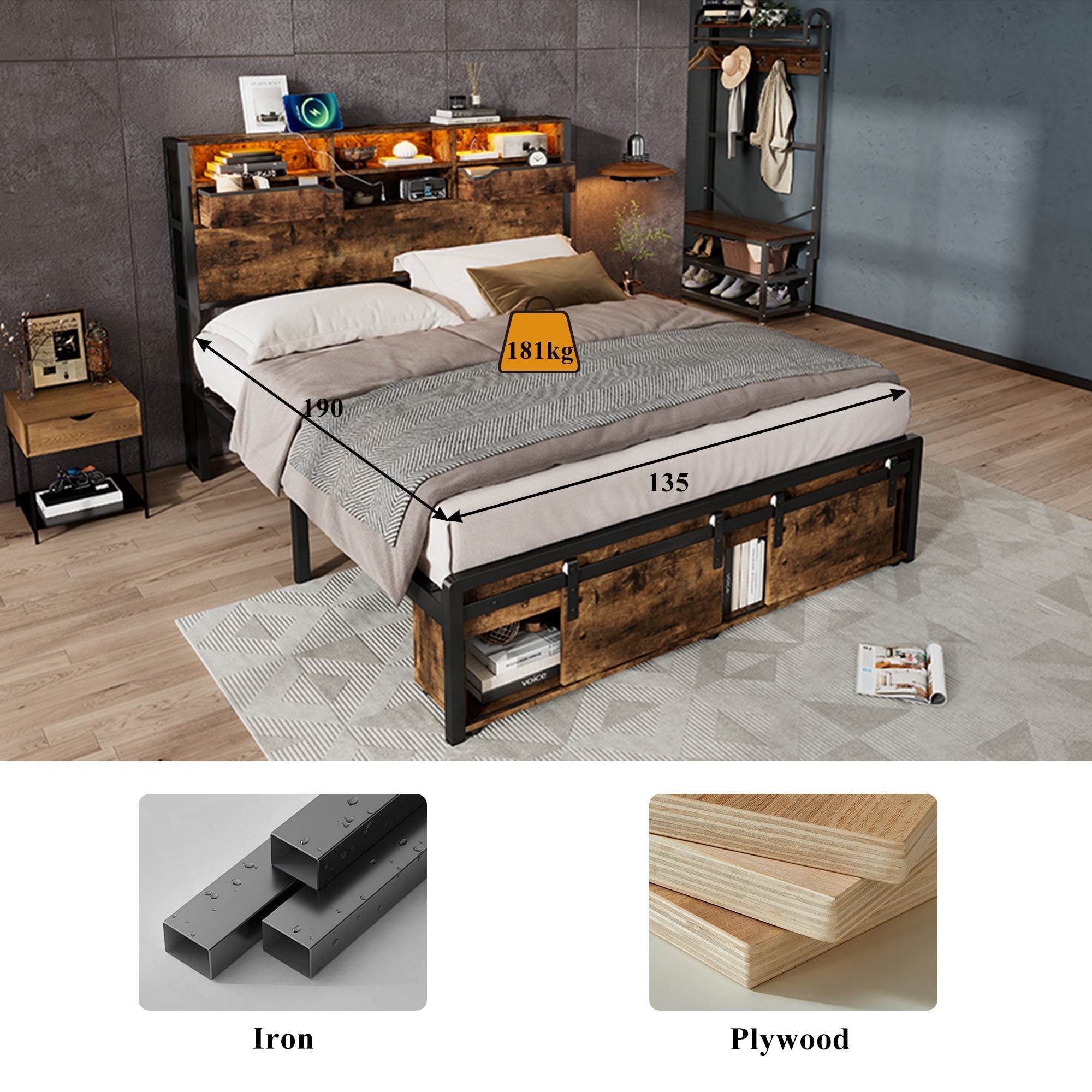 Metal Iron Bed 4ft6 Double 135x190cm with Multi-Color LED Lights, Charging Port (2A/1C), Storage, Black + Wood