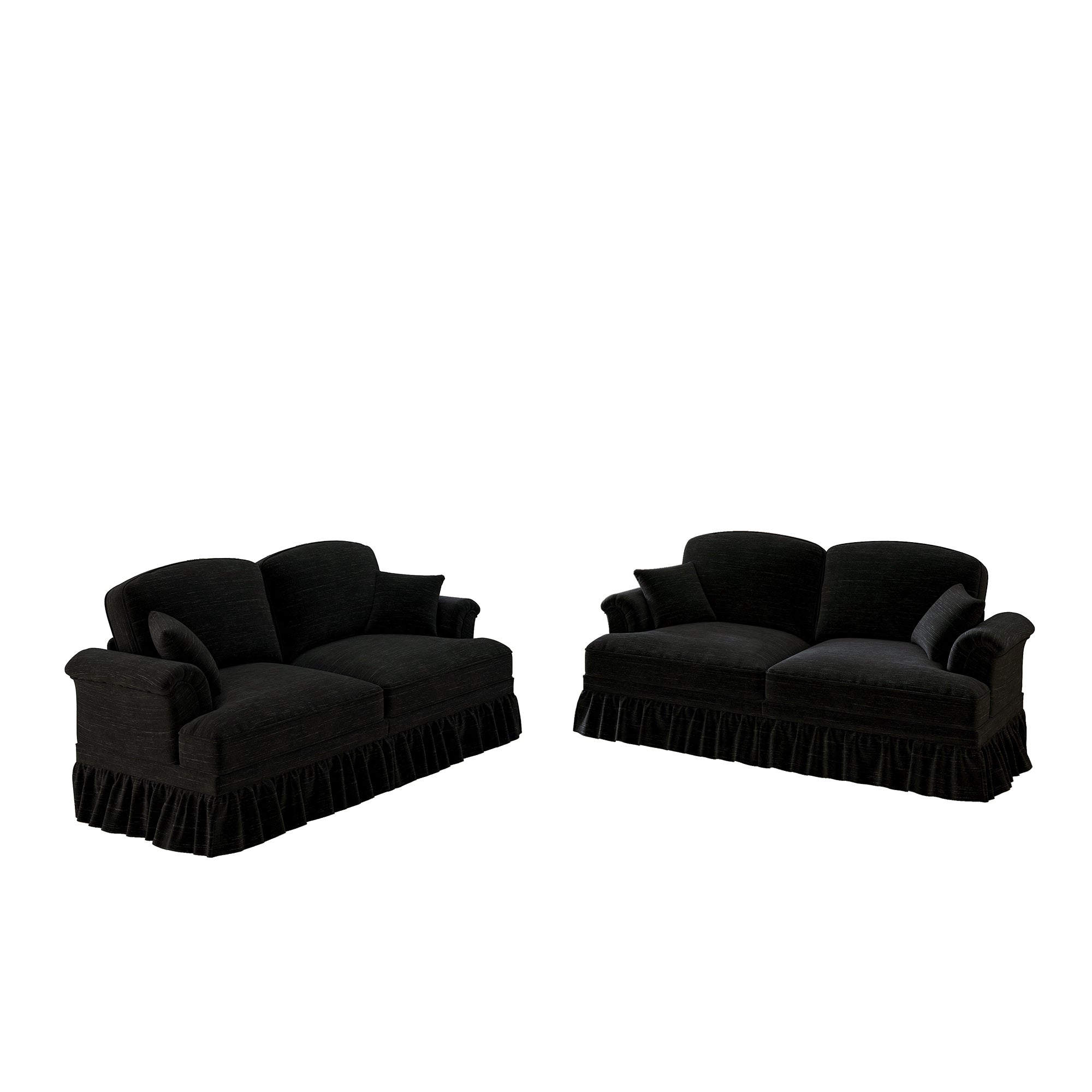 Mid-Century L-Shaped 2-Seater Sofa with Movable Ottoman - Black Chenille