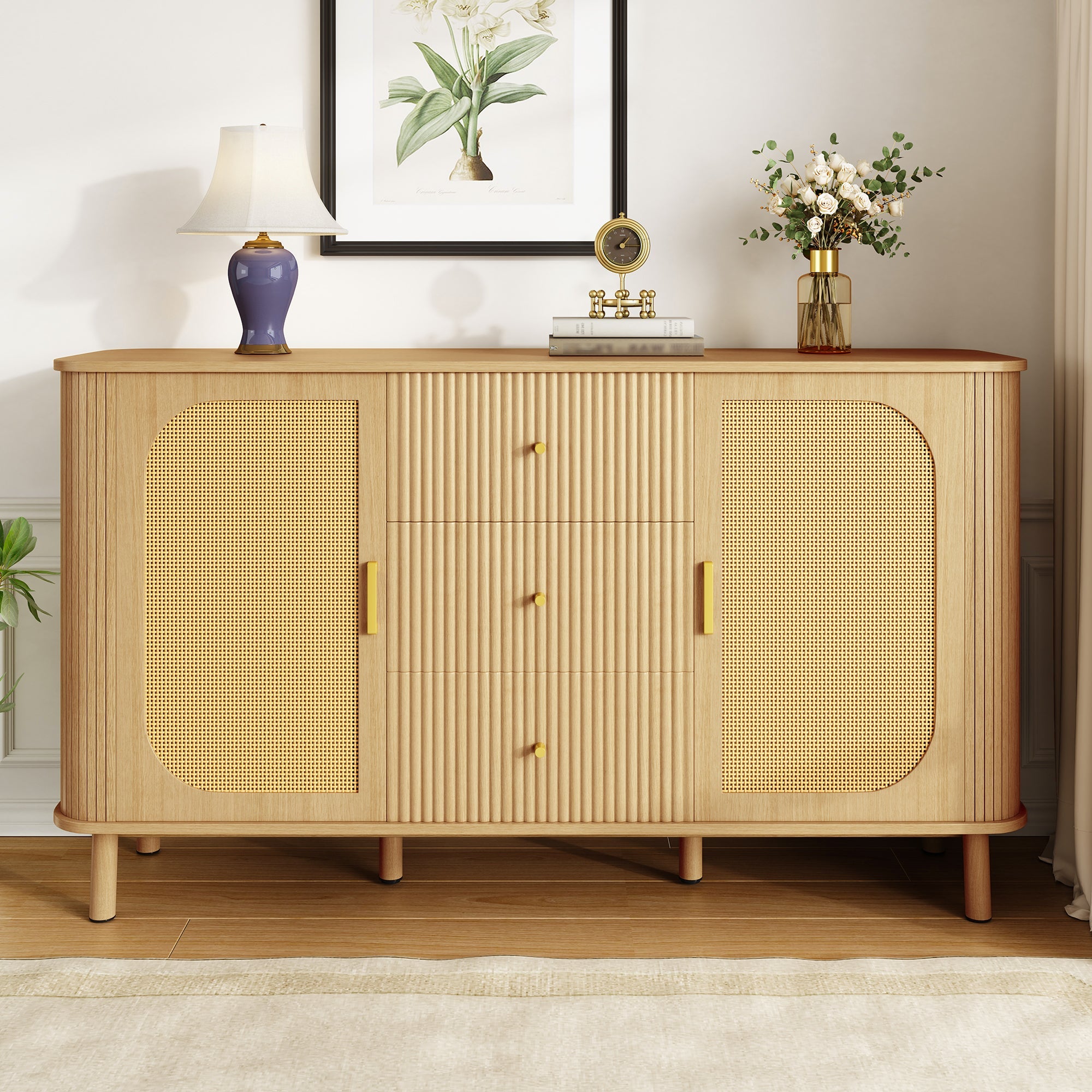 Sideboard, Drawers Shelves Metal Legs, Wood Look