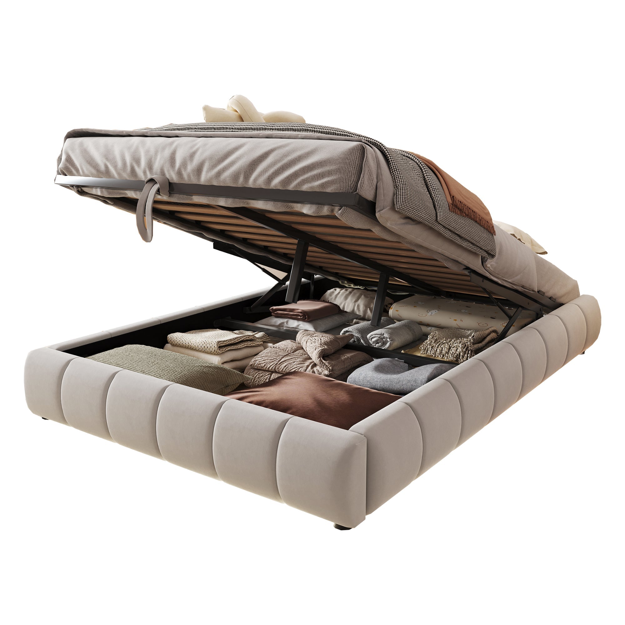 Upholstered Bed, 140x200cm, LED Light, Hydraulic Floating, Beige
