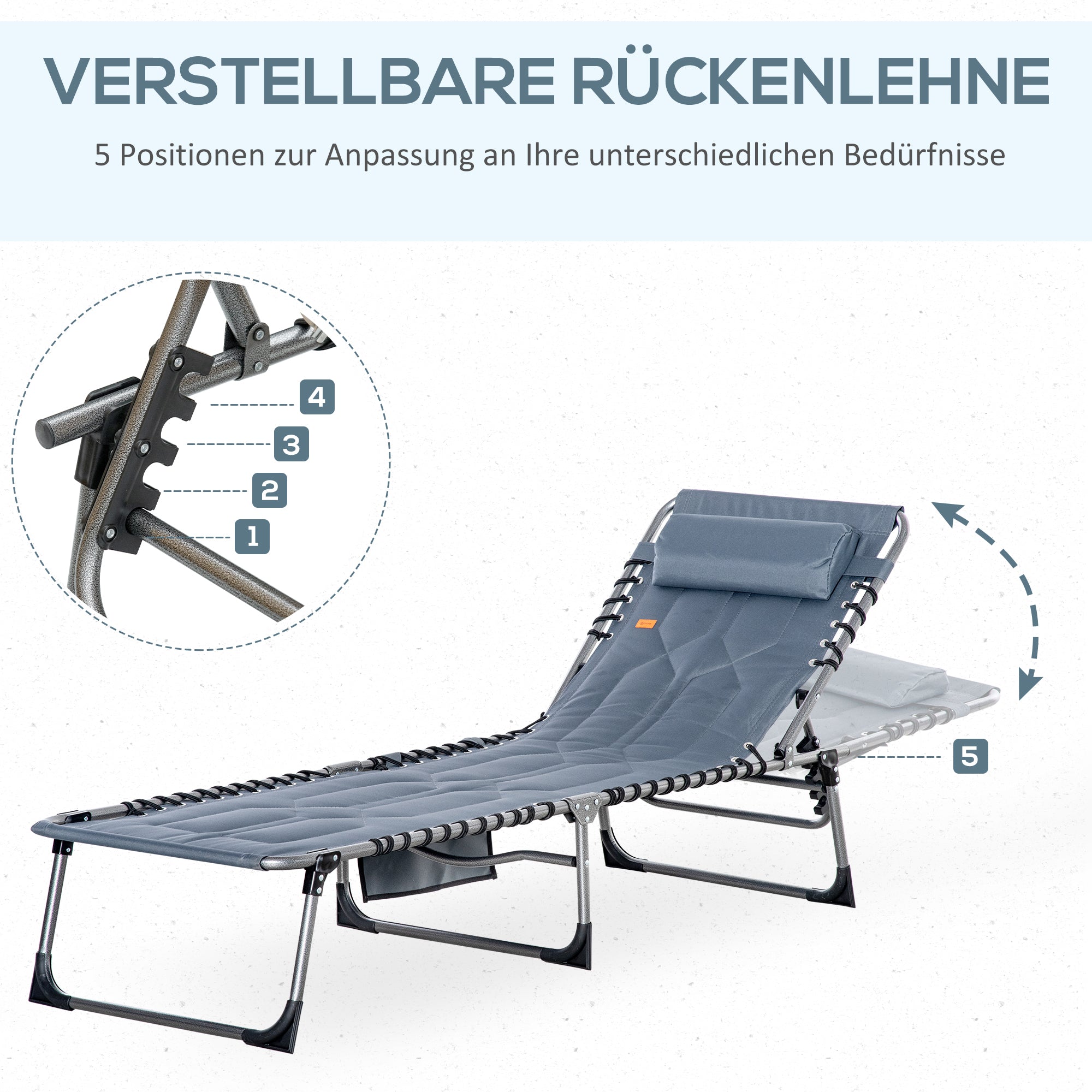 Sun Lounger, Foldable 5-Position Adjustable Backrest Weatherproof 130kg Max Load, Grey