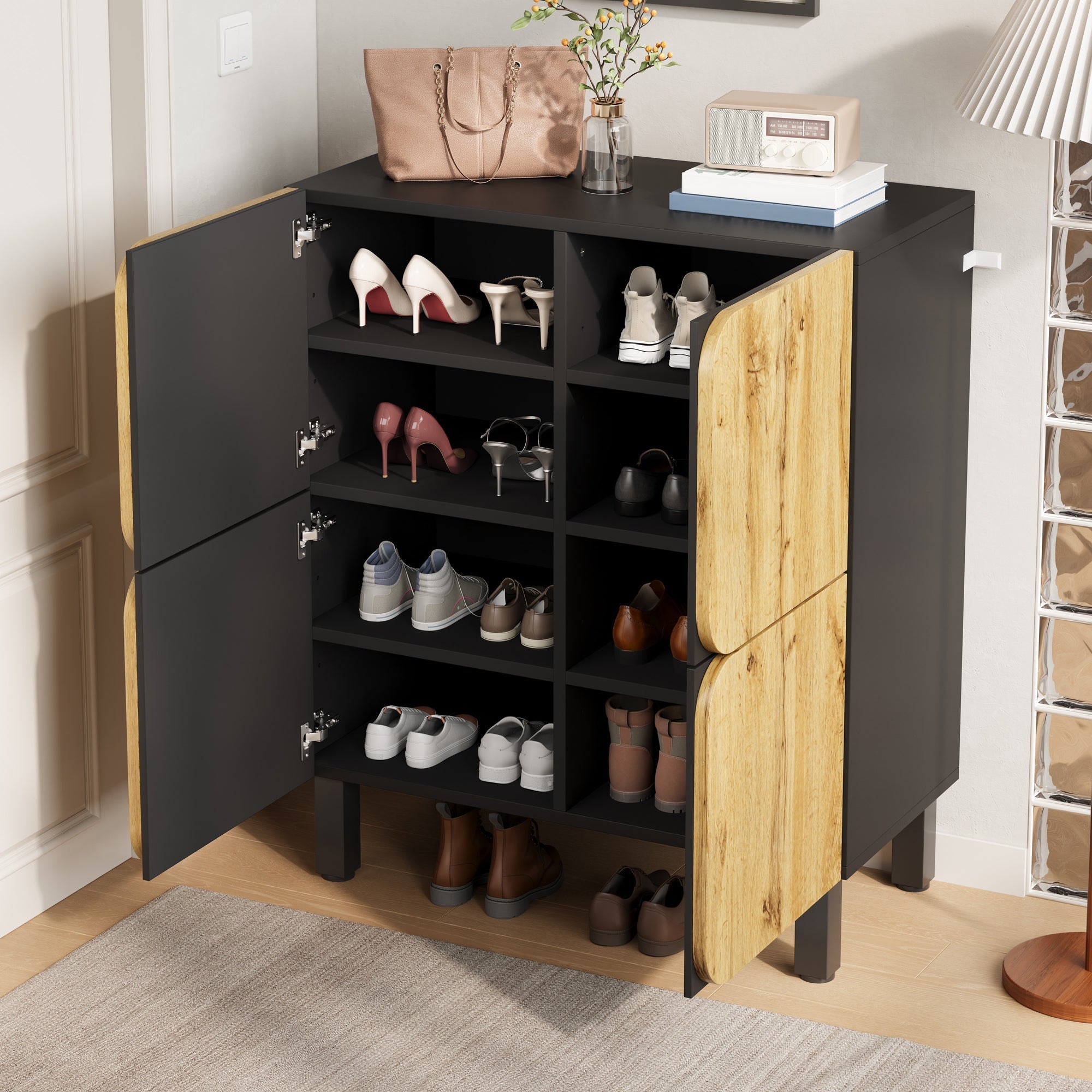 Shoe Cabinet 4 Doors Adjustable Shelves Curved Doors Black