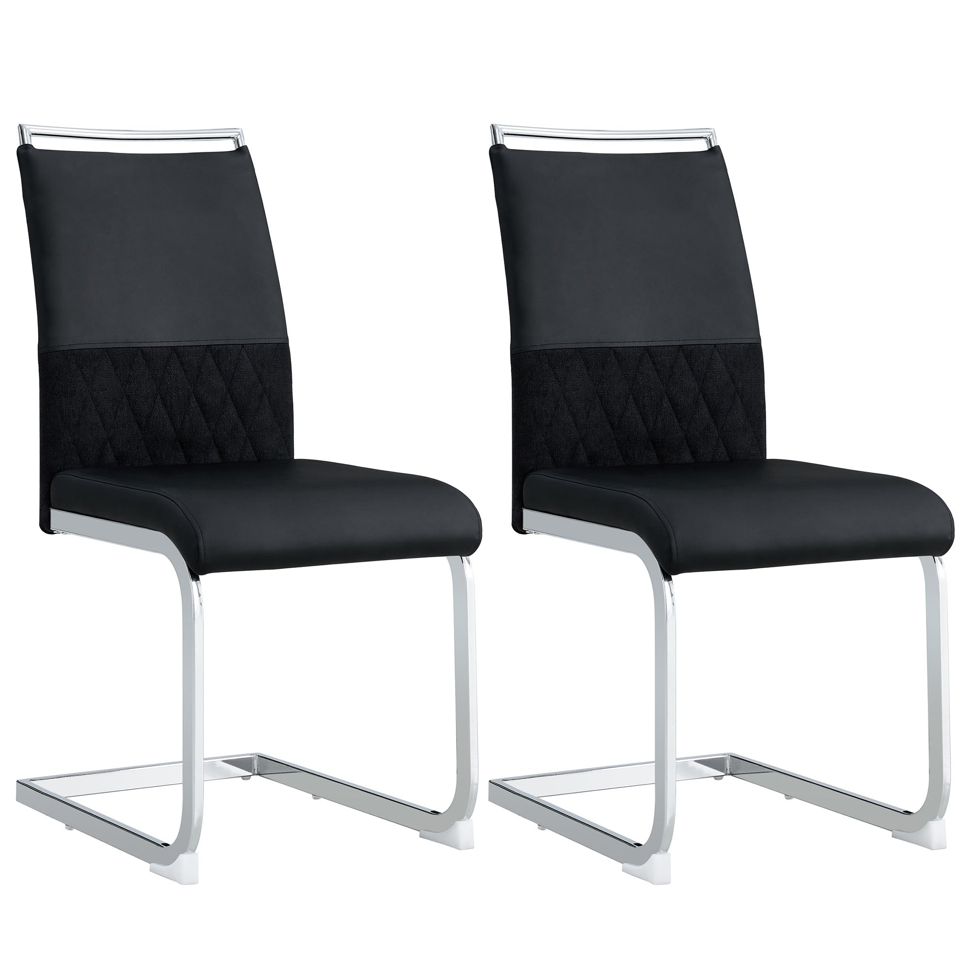 Modern dining chairs set of 2, high back padded side chair with horizontal stripes backrest design, black PU faux leather and linen