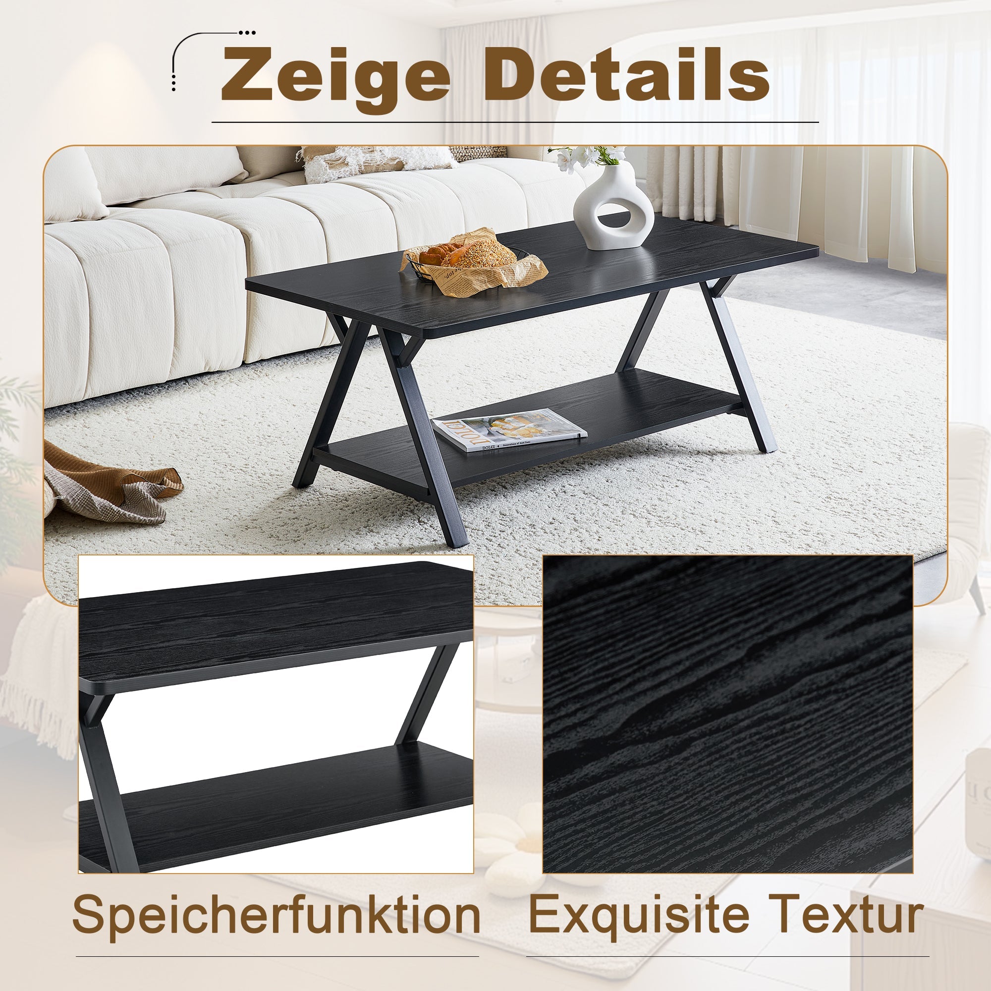 Modern Industrial Coffee Table with Storage Shelf and Metal Frame, 110x57x44.5cm, Black Wood Grain