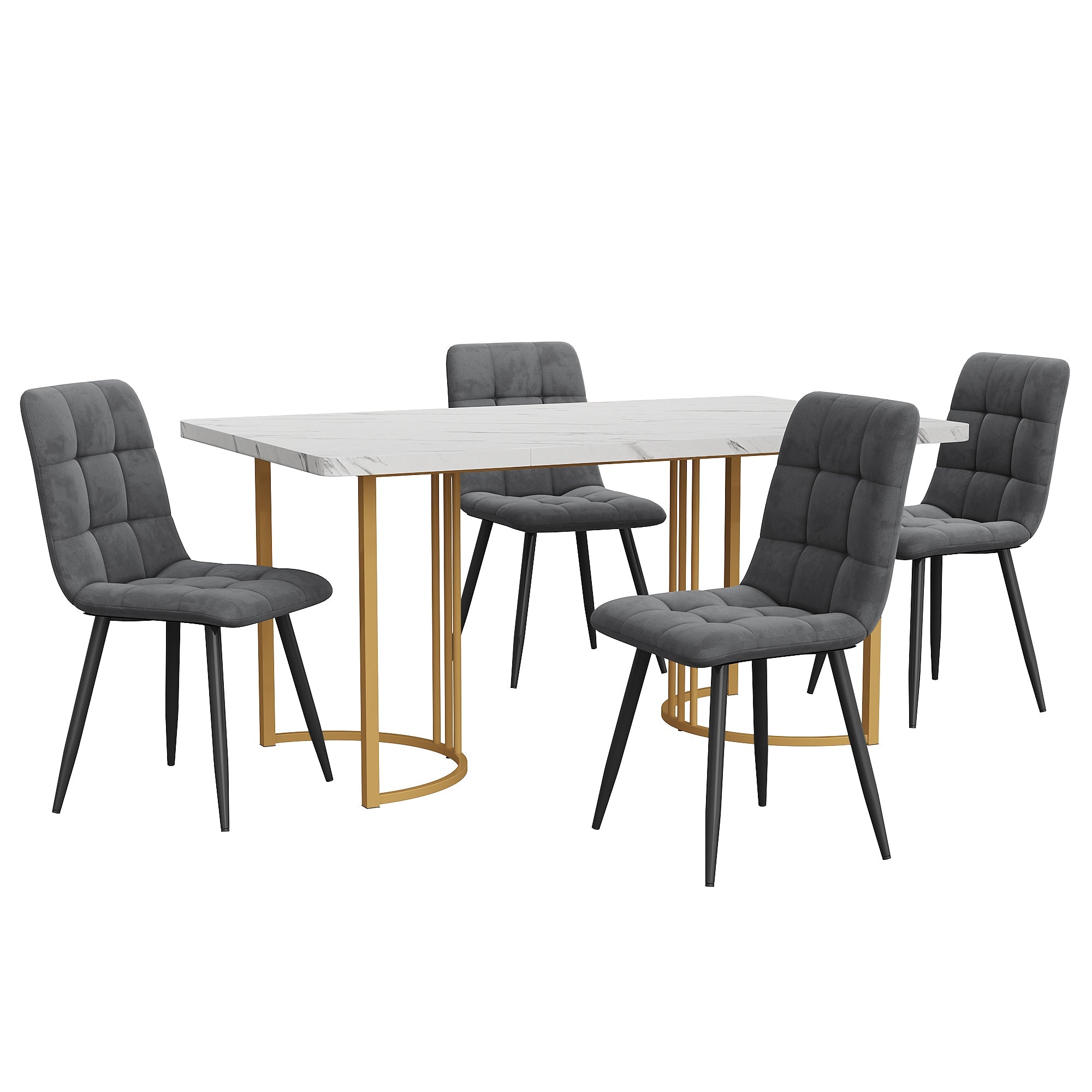 Dining Set 5-Piece Modern Kitchen Table 140x80cm Gold Metal Legs White & Dark Grey Velvet