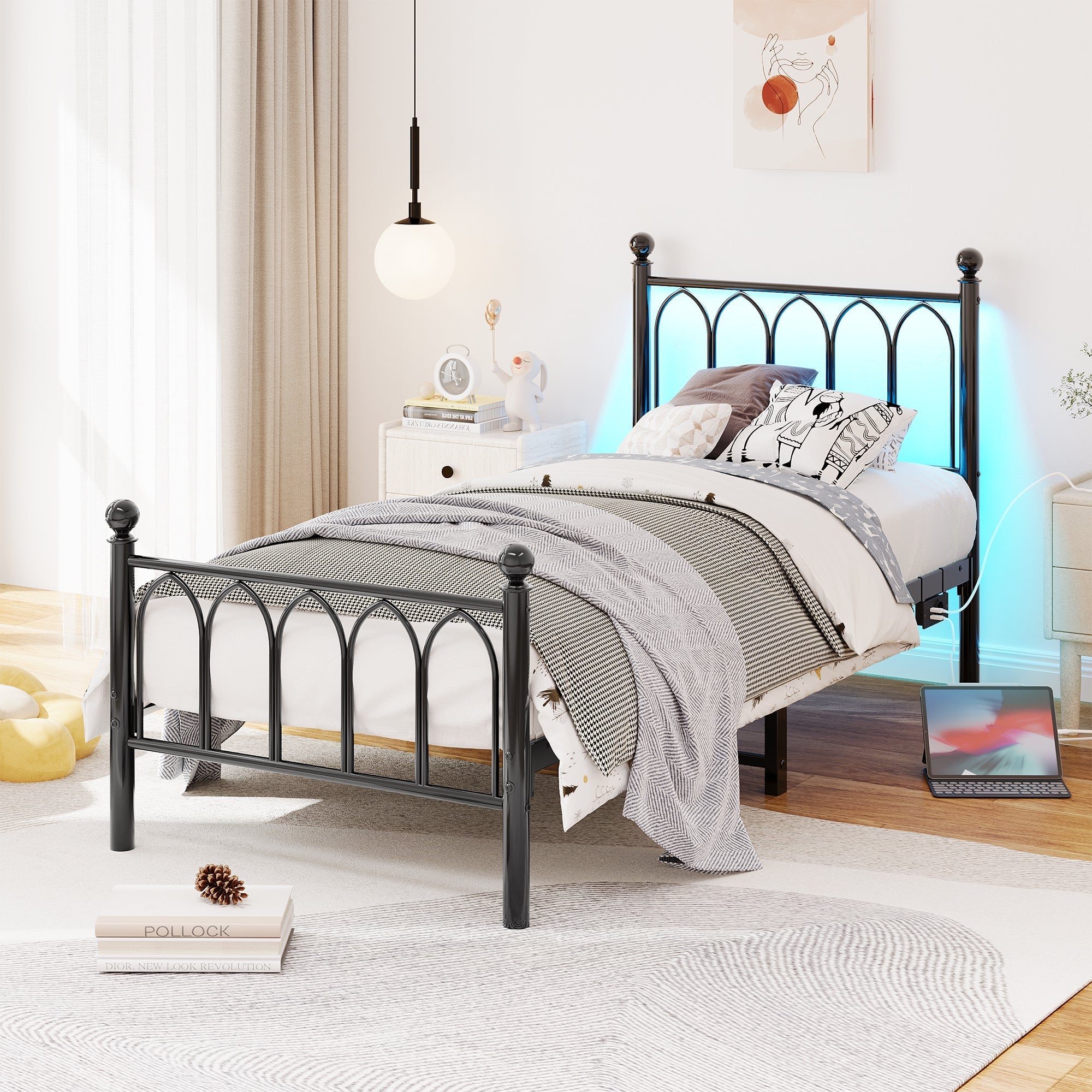 Metal Bed Frame with USB, LED, Vintage Headboard and Footboard, Black